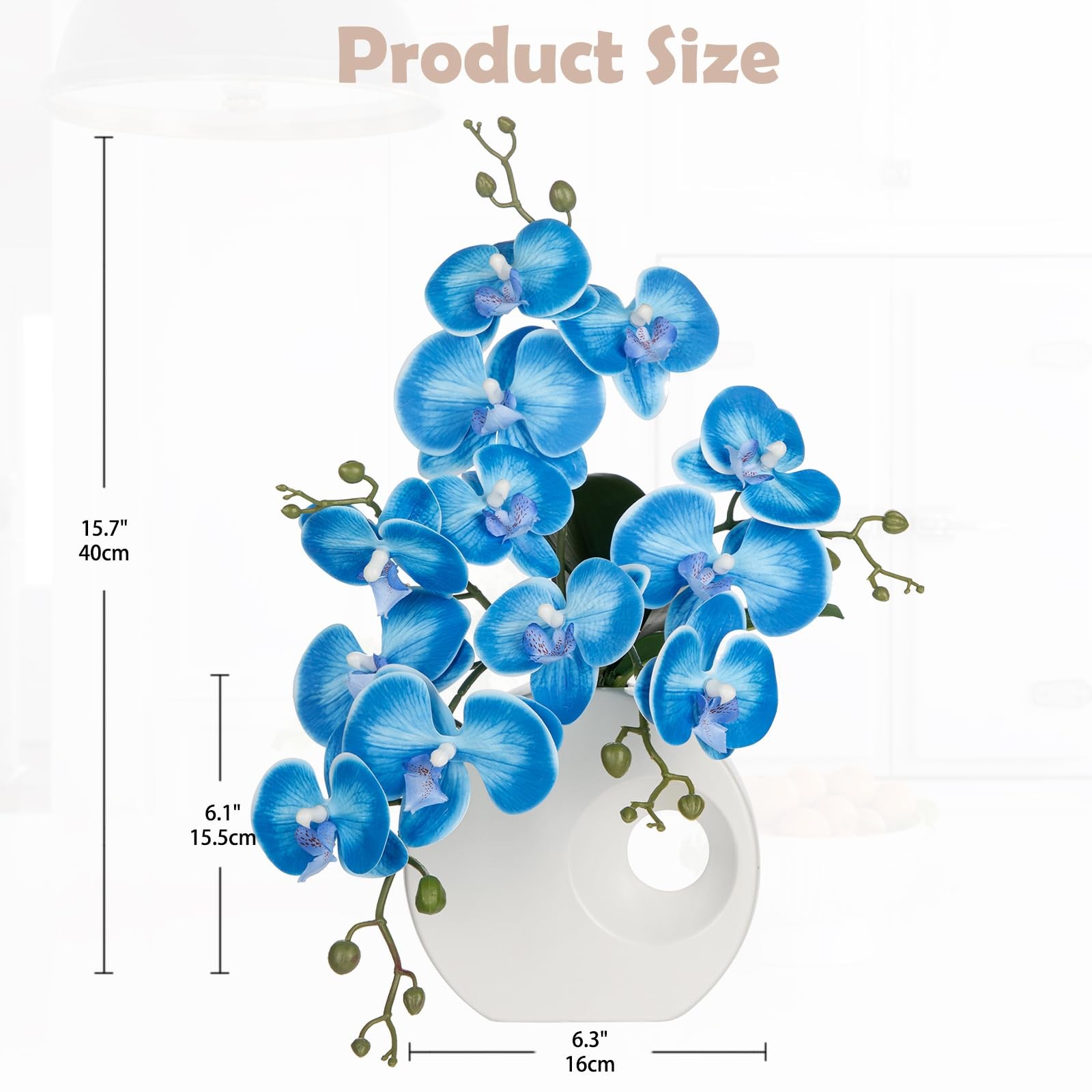15.7-inch Tall Blue Artificial Orchid, Ceramic Vase, Silk Flower, Centerpiece