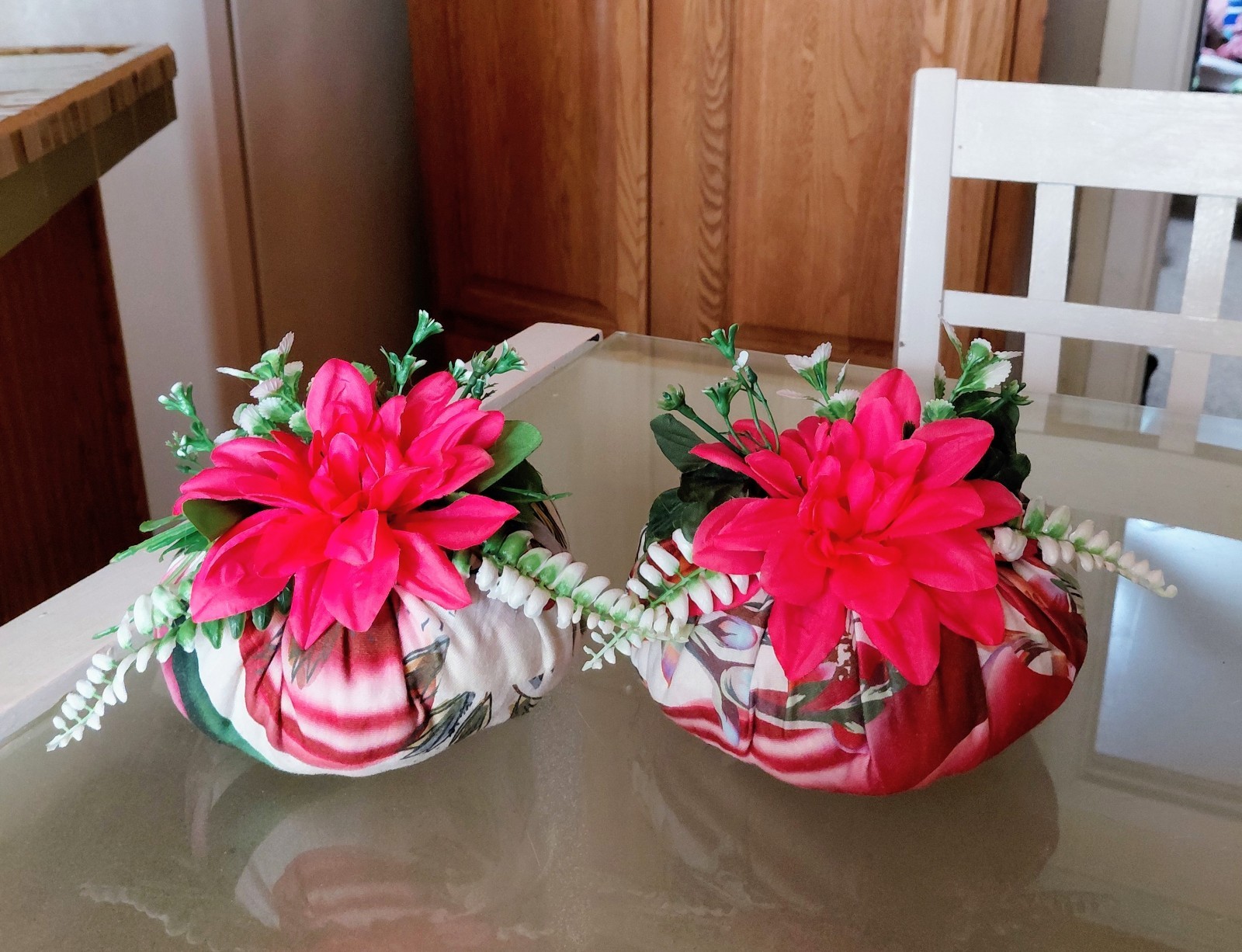 Large 20″ Around Pink Floral Decorative Fabric Pumpkin Pair