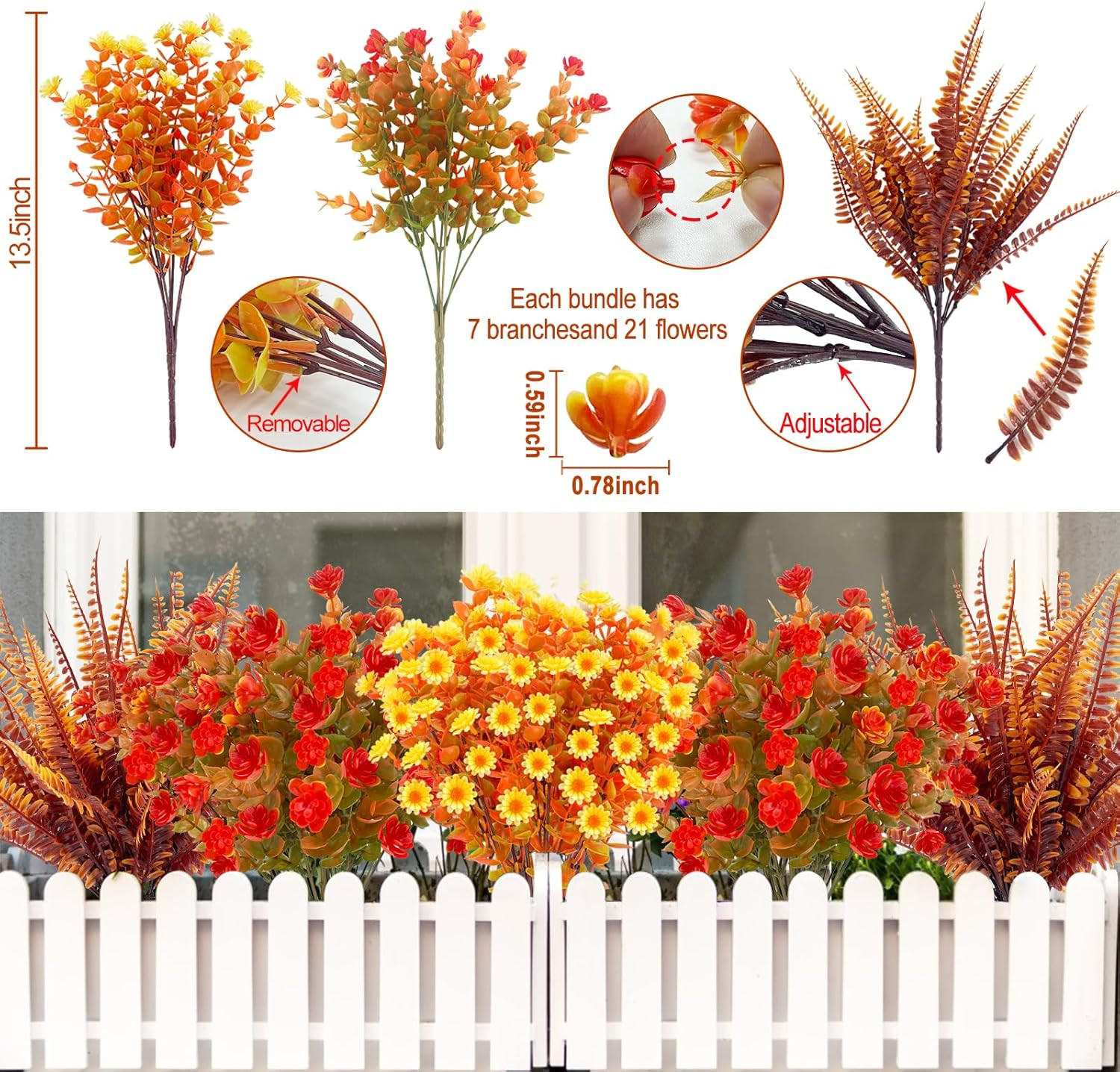 12 Bundles Artificial Fall Flowers for Outdoors Fall Decorations,Uv Resistant