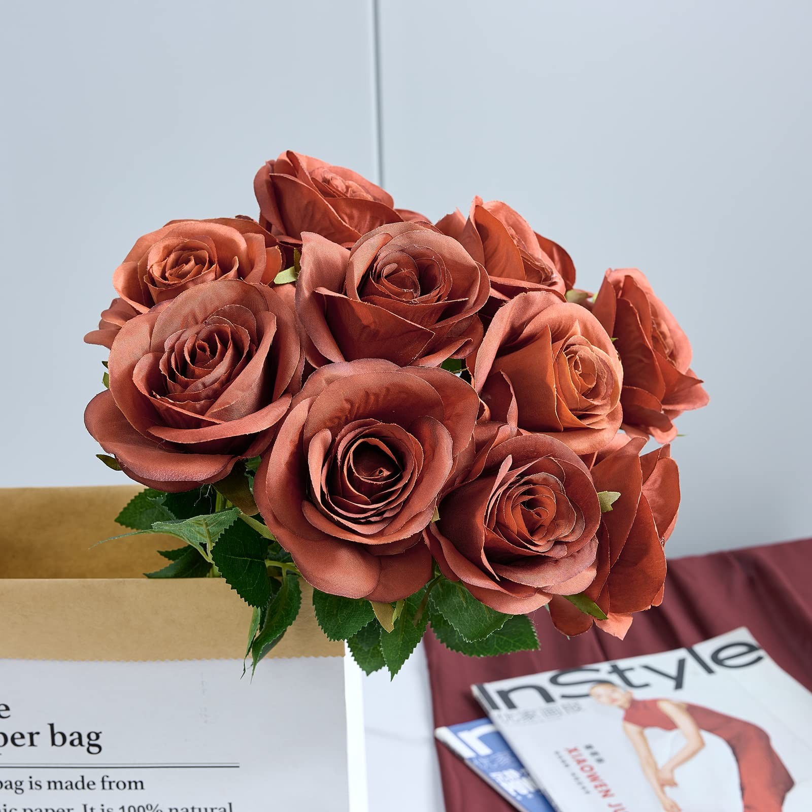 12pcs Rust Orange Rose Artificial Flowers Faux Roses Silk Roses Orange Silk F…