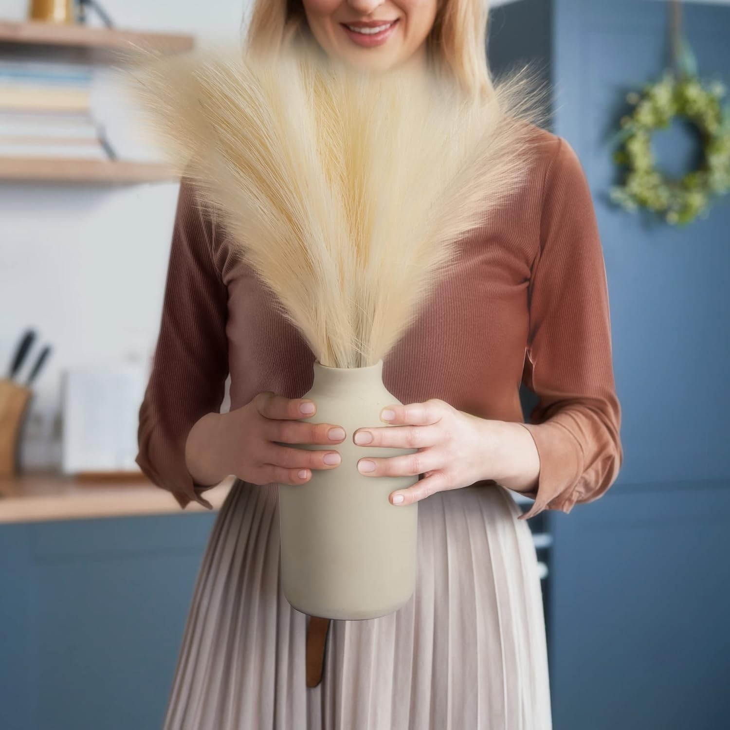 3pcs 17” Faux Pampas Grass Stalks – Elegant Artificial Decor, Beige/Off White