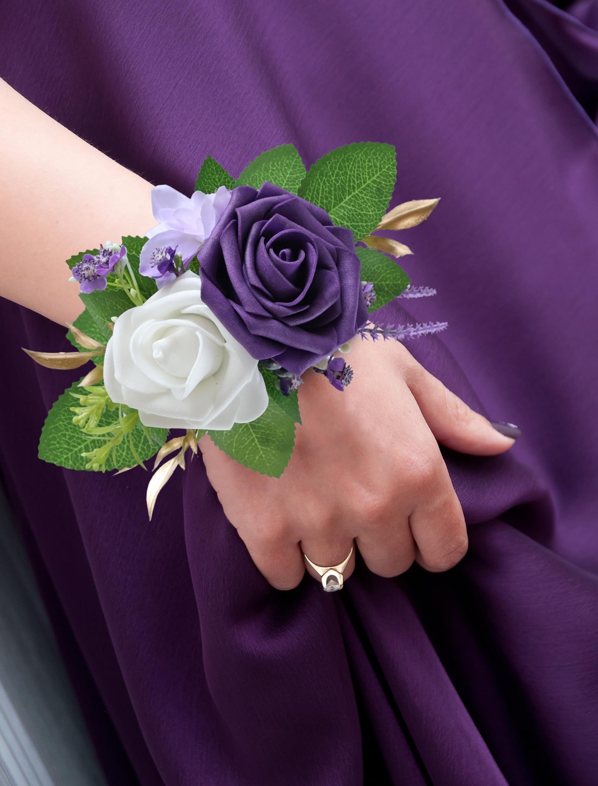 2Pcs Dark Purple Corsage and Boutonniere Set,Artificial Foam Rose,Groom Bouto…