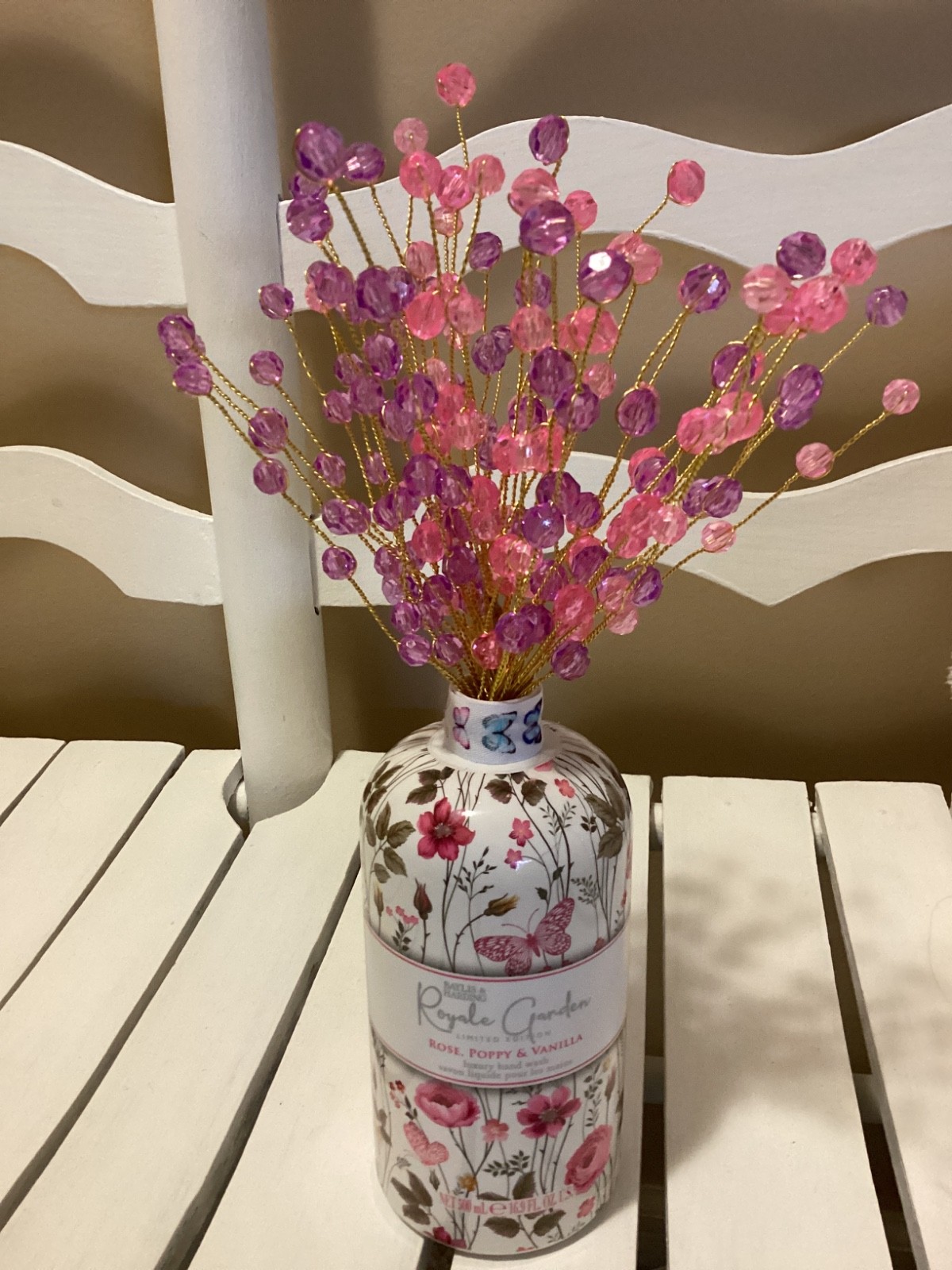 BEADED BOUQUET WITH VASE COTTAGE FARMHOUSE STYLE PINK HANDMADE NEW