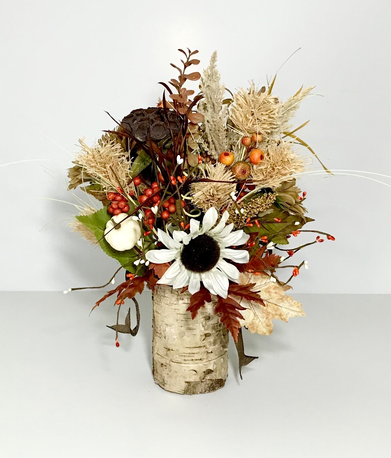 WHITE SUNFLOWERS EARTH TONE ARRANGEMENT FALL LEAVES HARVEST CENTERPIECE HANDMADE