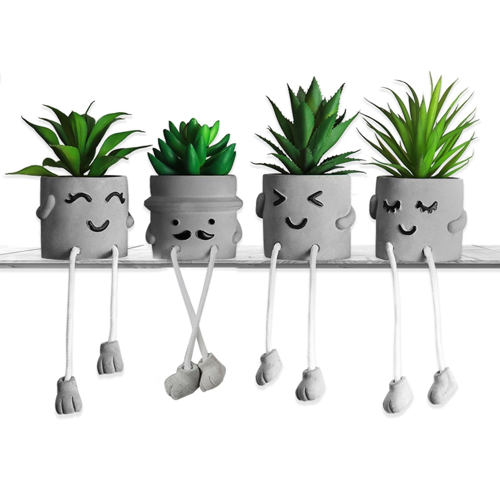 4 PCS Creative Artificial Succulent Plants Cement Pot Hanging Leg Decor Set