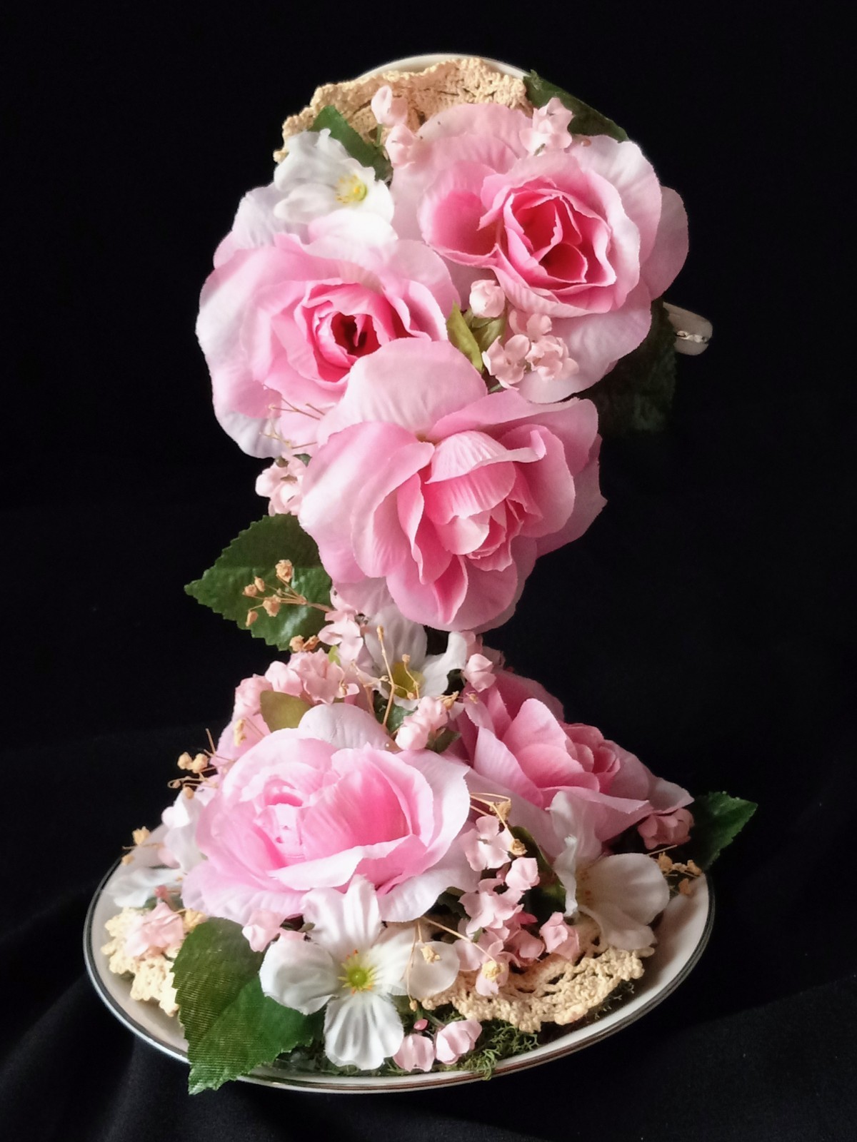 New Floral China Floating Teacup W Pink Floral Arrangement 8″ Tall #B FL#2