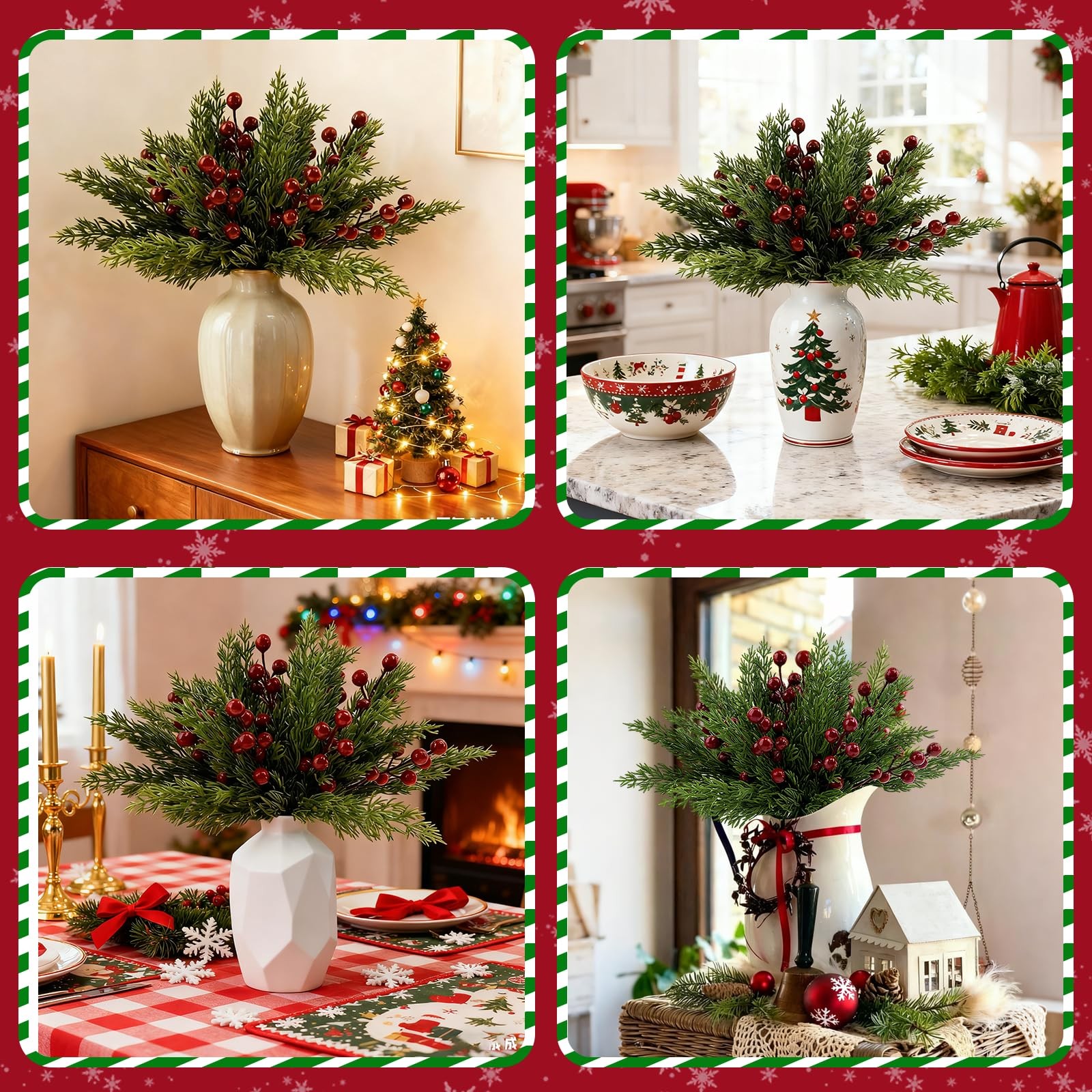 45PCS Christmas Norfolk Pine Branches with Red Berry Stems Artificial Christm…