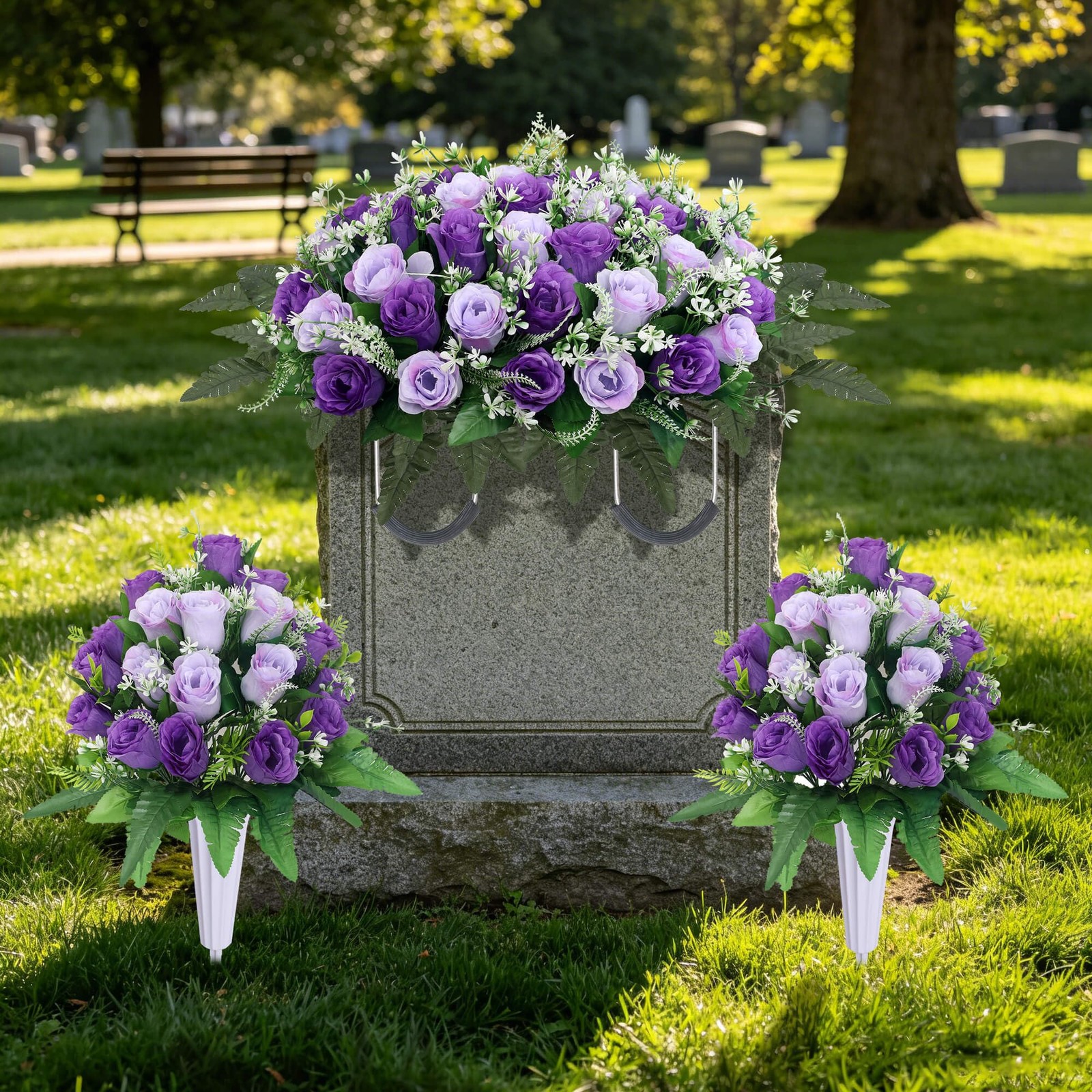 Lodou 3 Sets Cemetery Flowers for Grave,Headstone Flower Saddle,Grave Memoria…