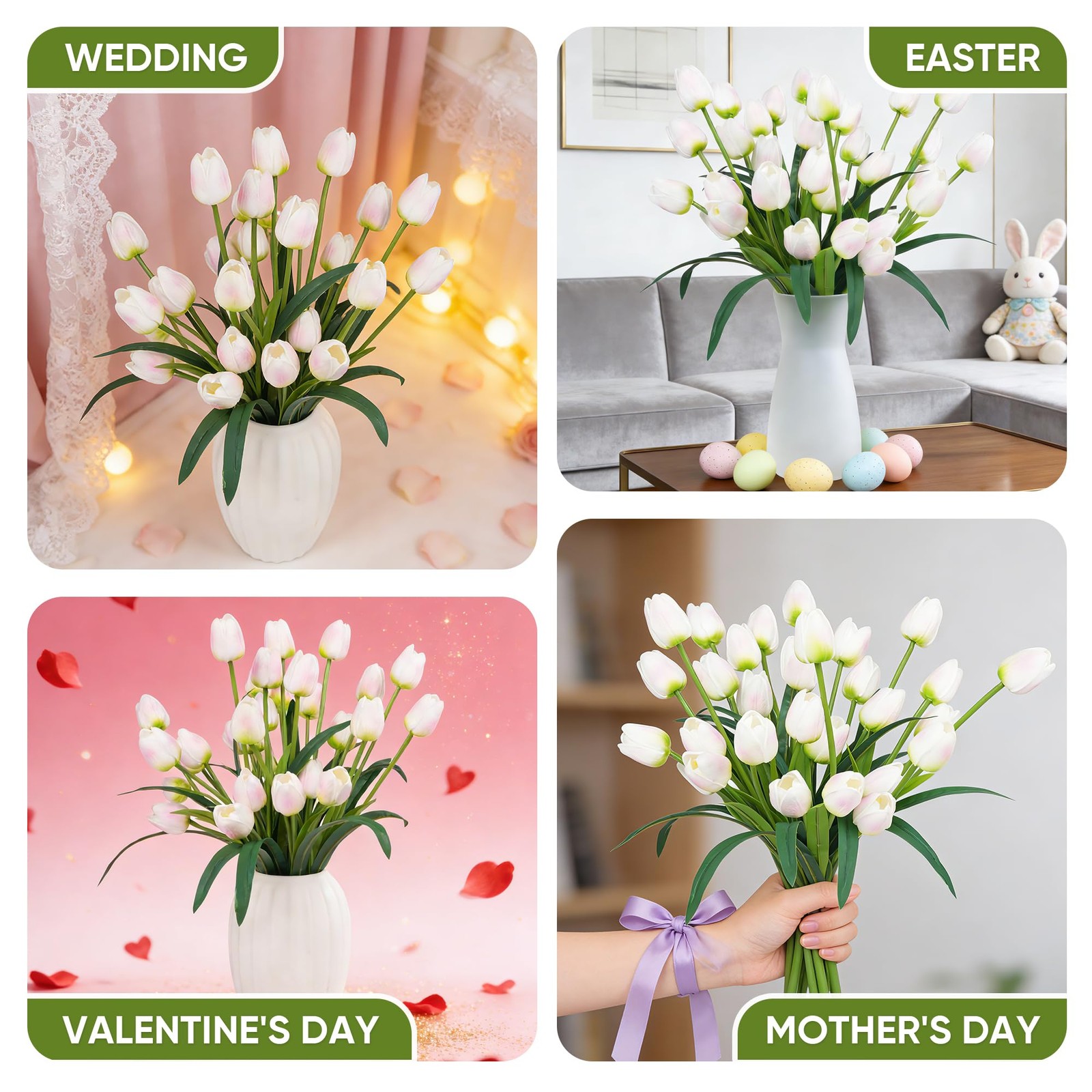 Large Pink And White Imitation Tulip Artificial Flowers Decor 18.9 Inch 30 PCS
