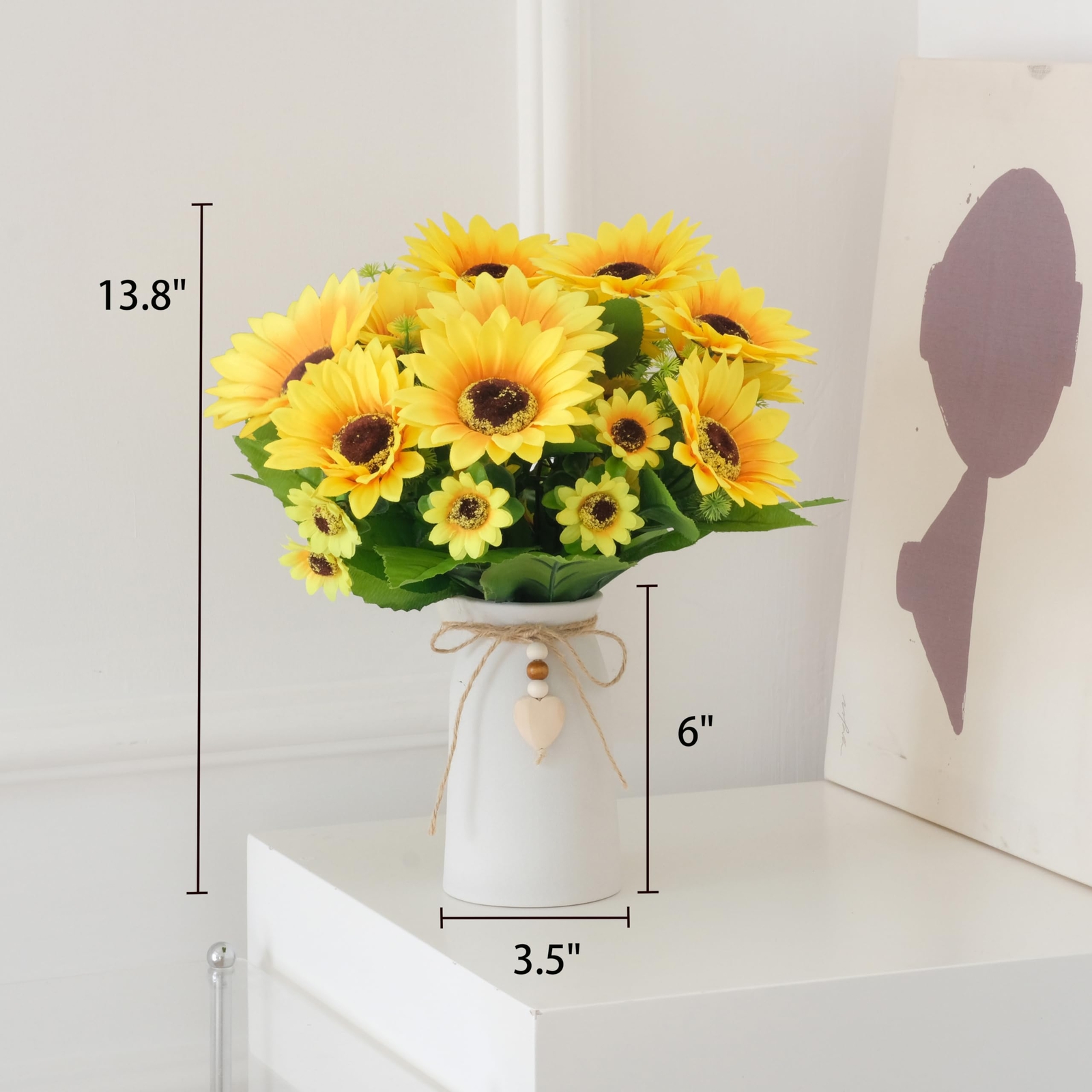 Sunflower Arrangement Cream Vase Silk Flowers Jute Rope Heart Table Decor