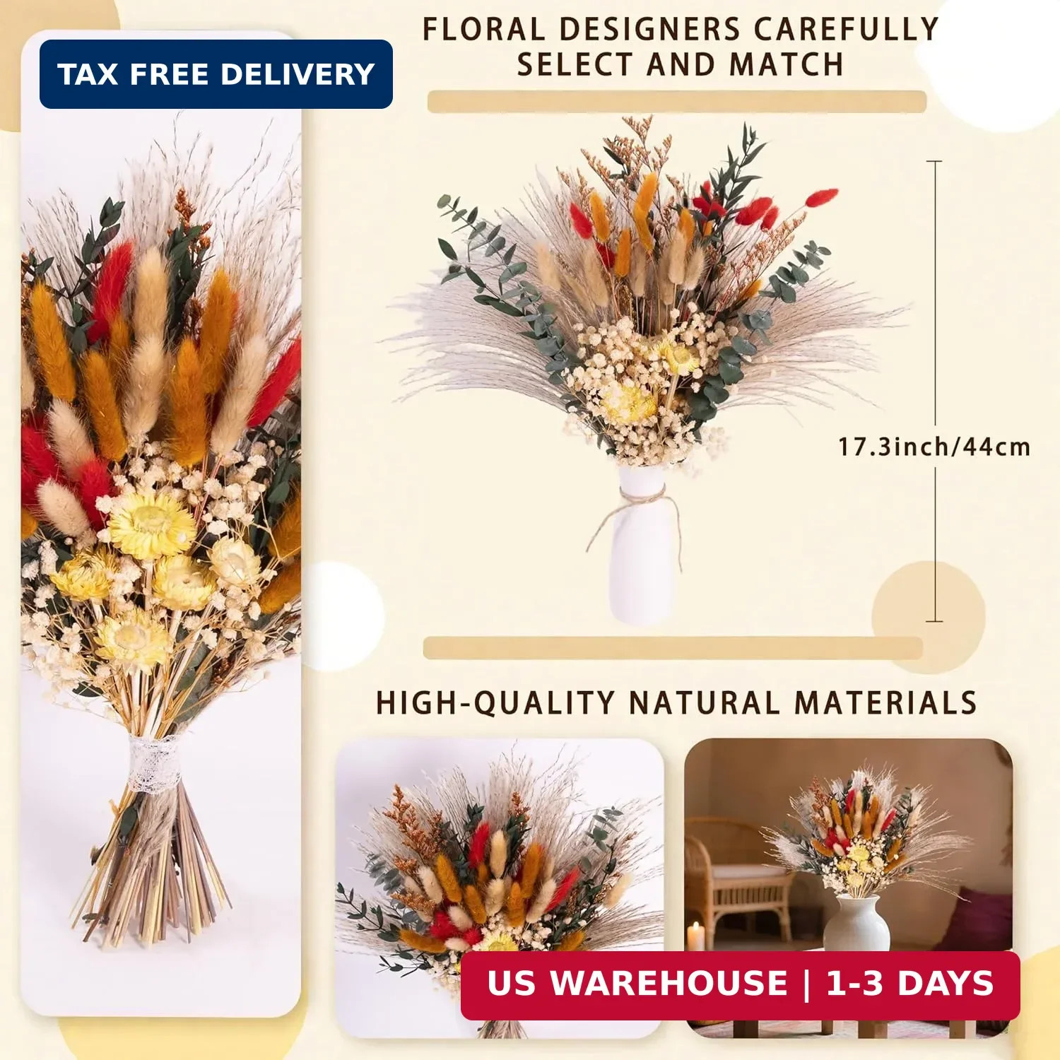 Handmade Bohemian Dried Flower Bouquet – Spring Summer Flowers Arrangement with