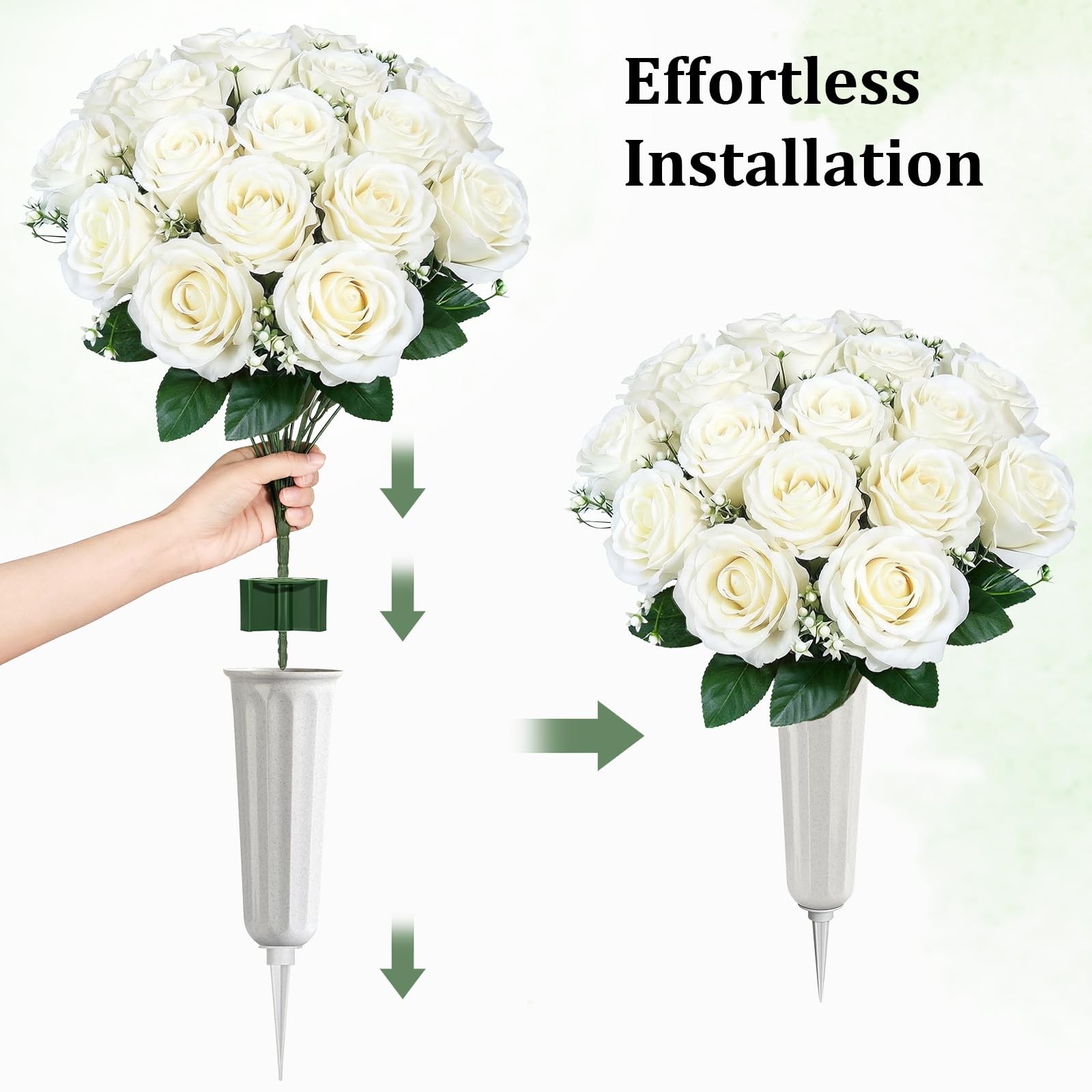 Artificial Cemetery Flowers 2 Sets UV Resistant White Silk Roses Outdoor
