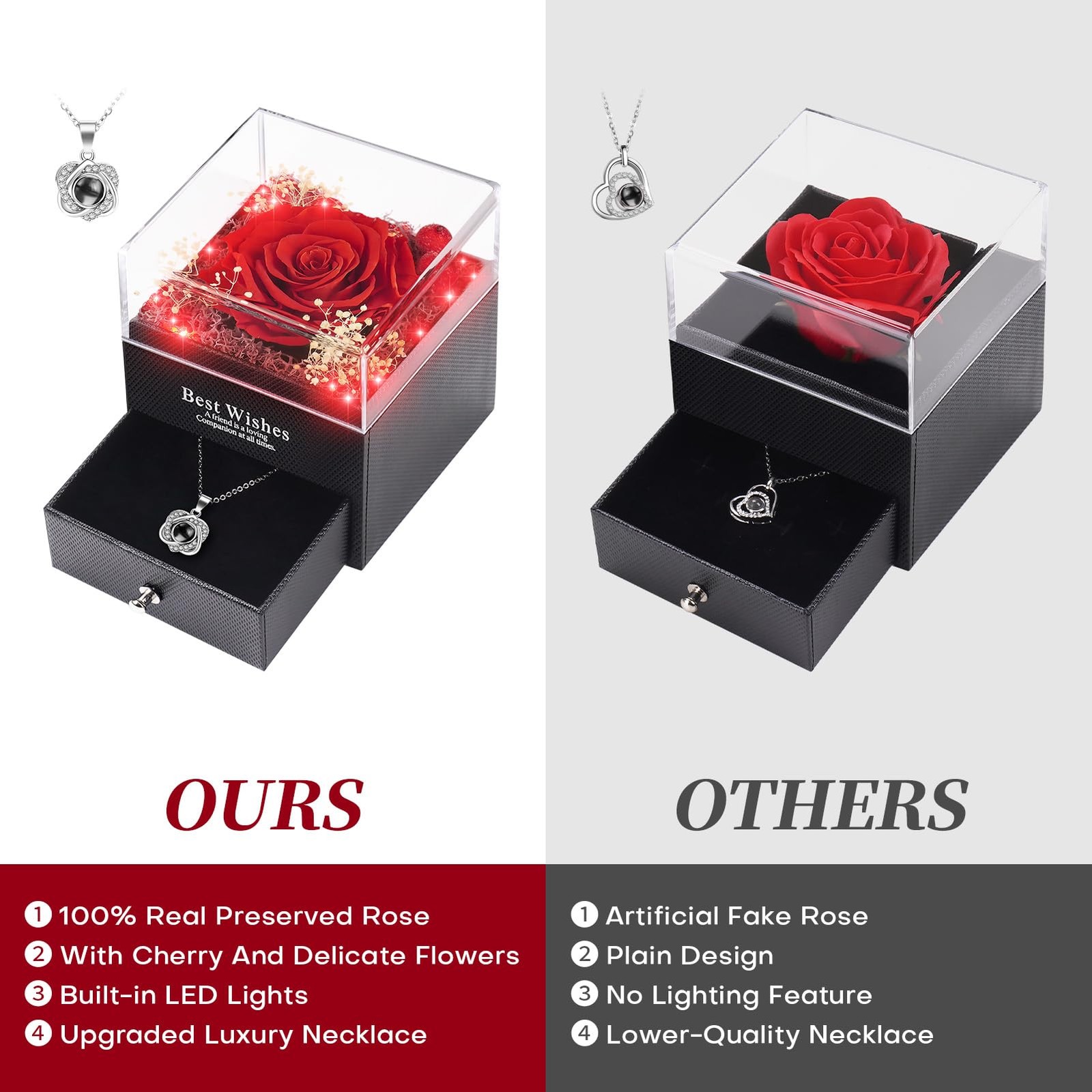 Lighted Preserved Real Rose with I Love You Heart Necklace, Gifts for Christm…