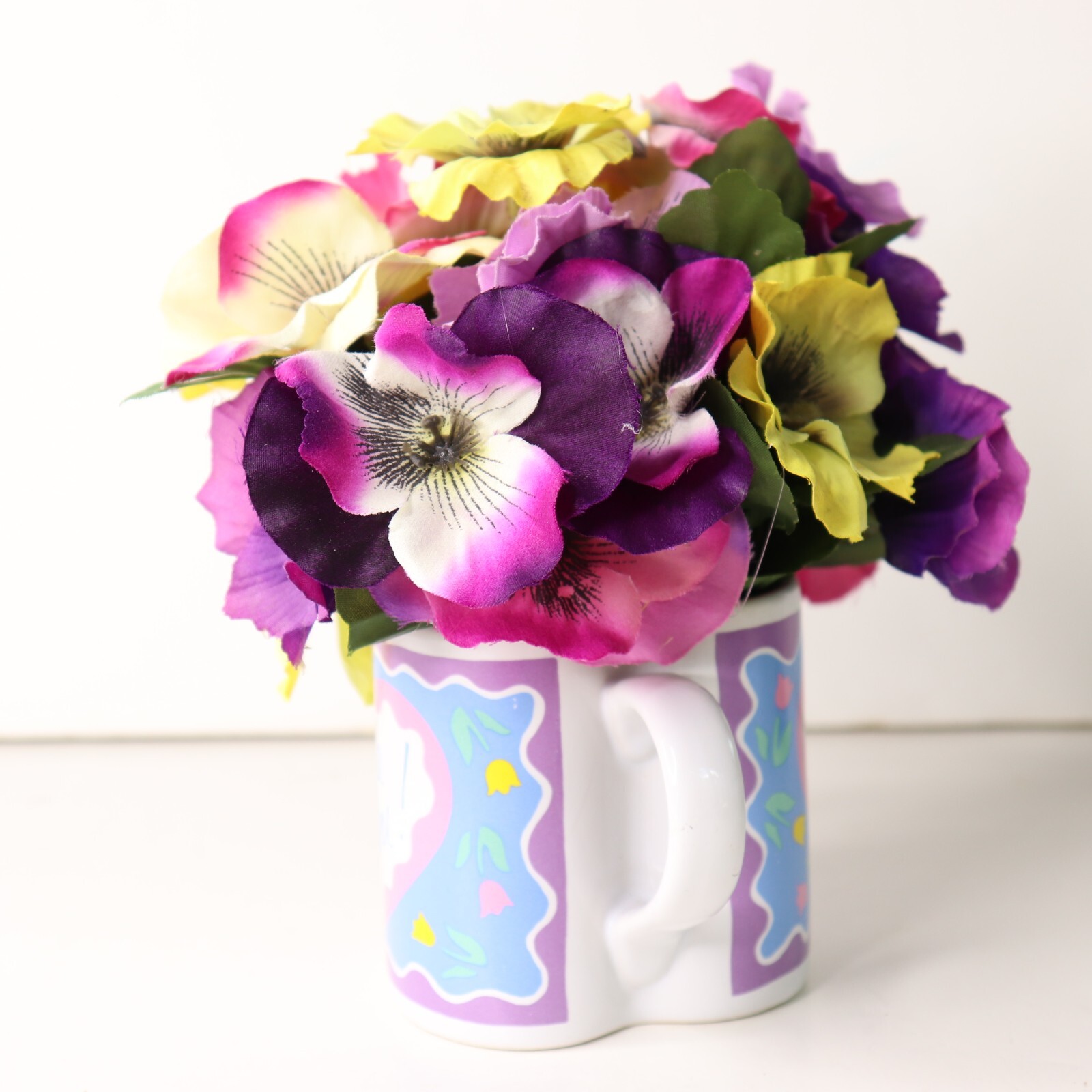 Cute I Love You Heart Shaped Coffee Mug with Multicolor Pansy Floral Arrangement
