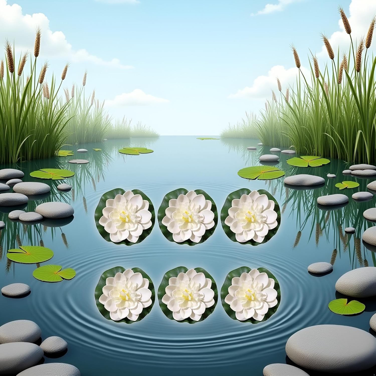 Lily Pad for Ponds, 6 Pcs White Artificial Lotus, Realistic Water Floating Foam