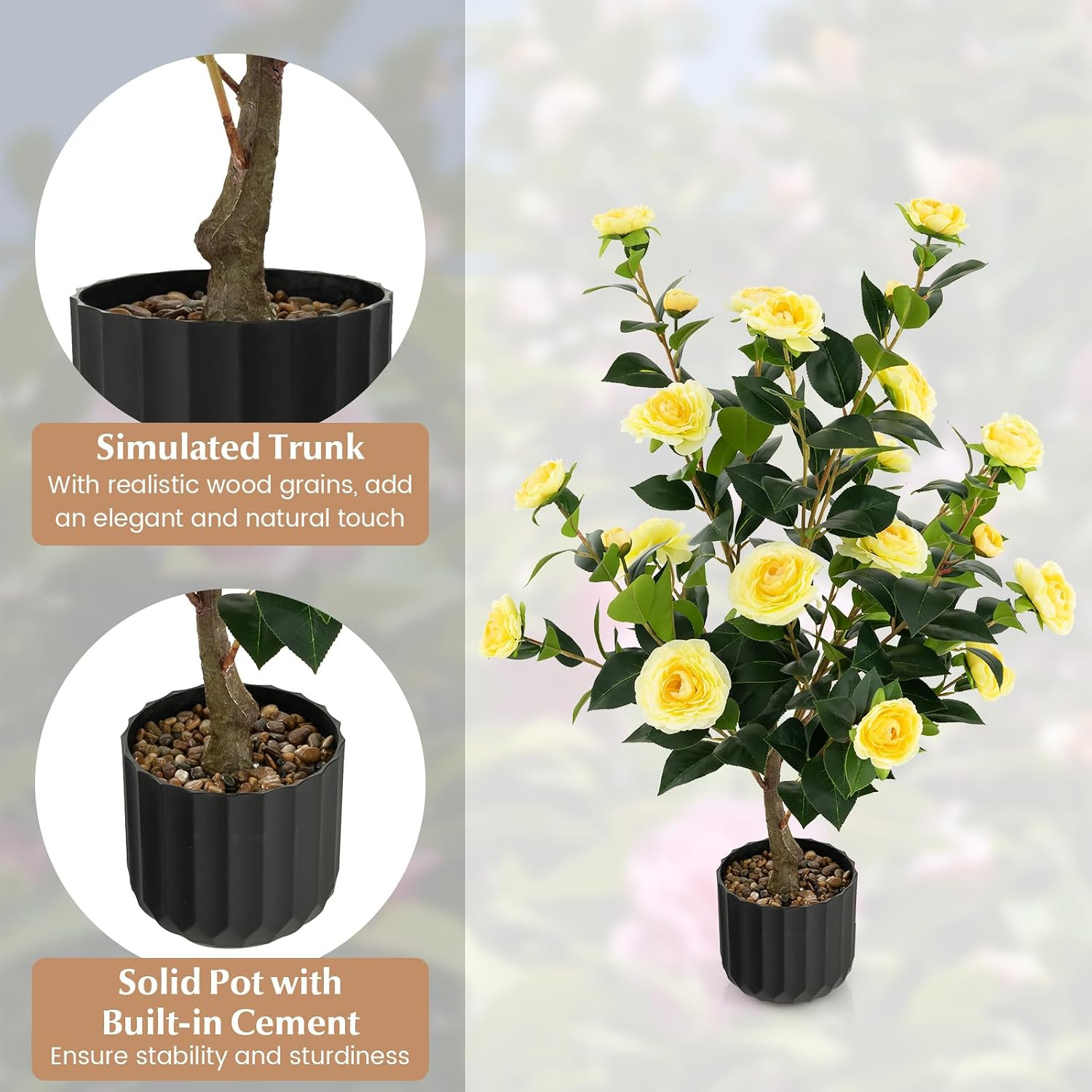 38” Artificial Camellia Tree 2 Packs, Faux Camellia Plant in Pot with 24 Flowers