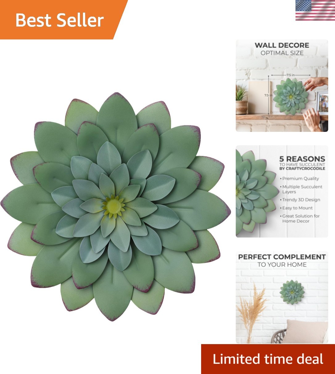 Succulent Metal Flowers Wall Decor – Green, Hand Painted, 3D Flower Art Decor…