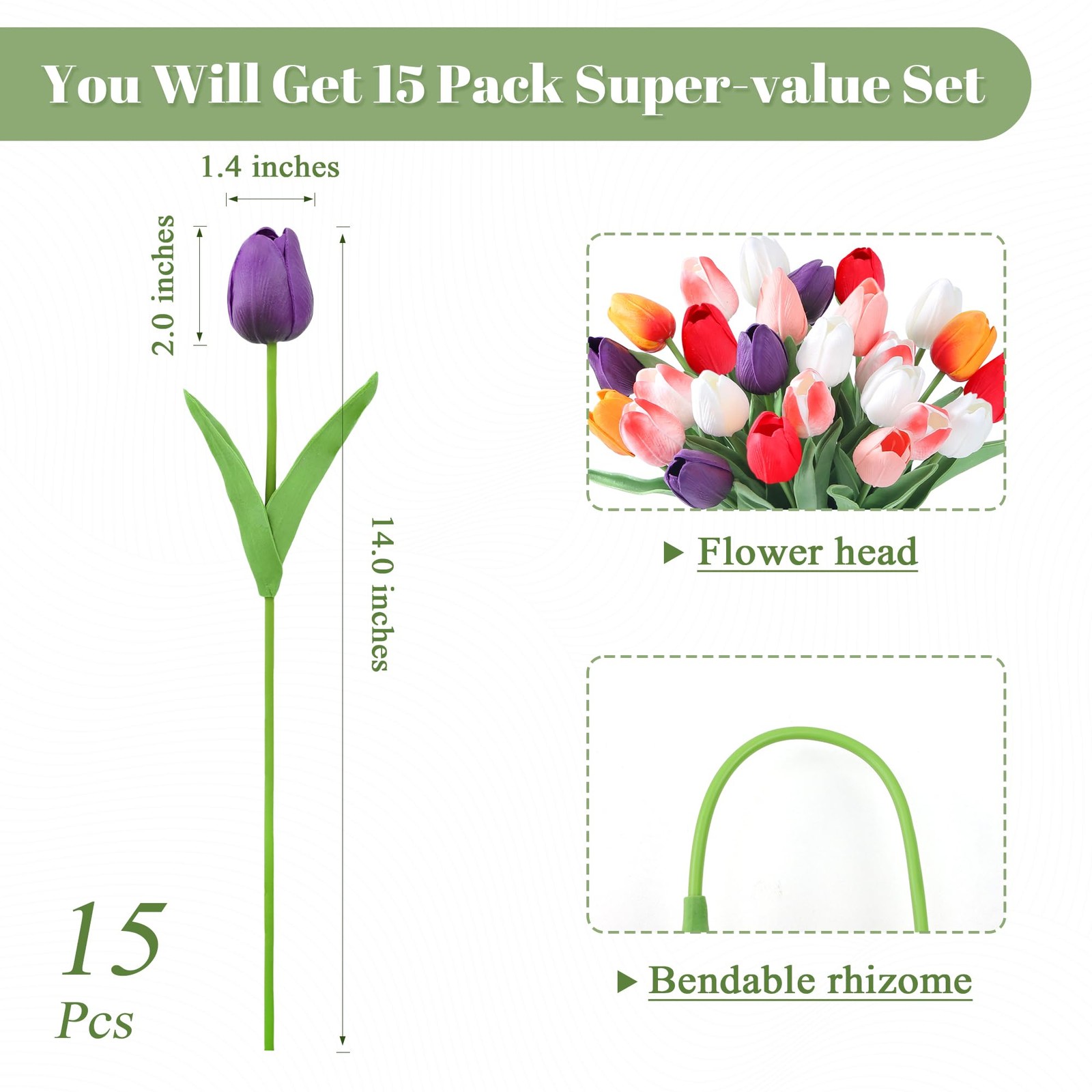 15 PCS Multicolor Real Touch 14 Inch Artificial Tulips Spring Home Decor
