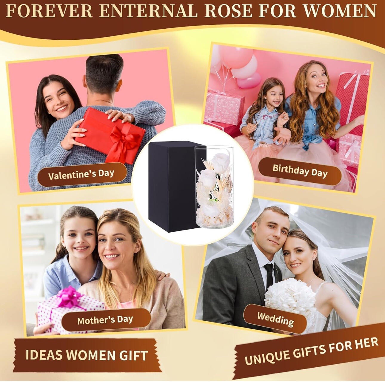 VGNQA Preserved Rose in Glass Dome White Dried Flower Arrangement Gift for Women