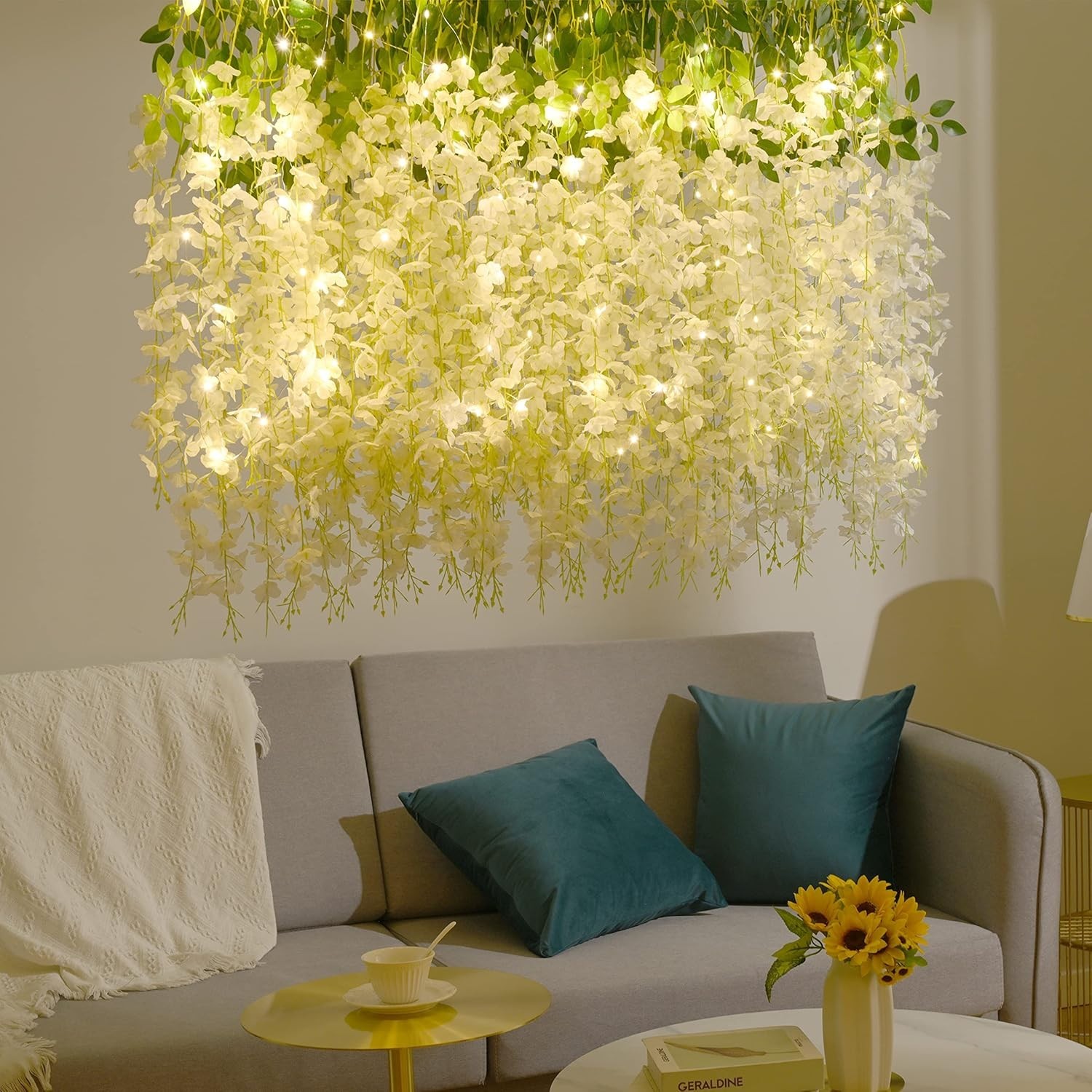 24Pcs White Fake Wisteria Hanging Flowers with Lights, 3.6Ft/Pcs Artificial Wist