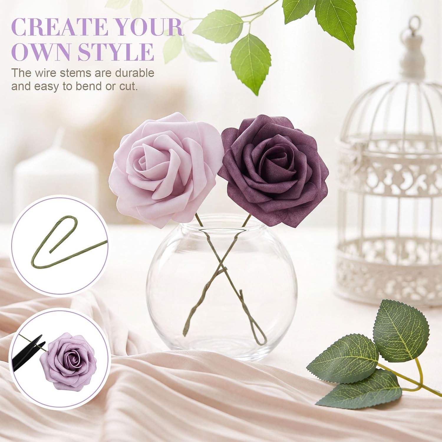 Artificial Foam Rose Flower Faux Rose Flower with Stems for DIY Wedding Bouquets