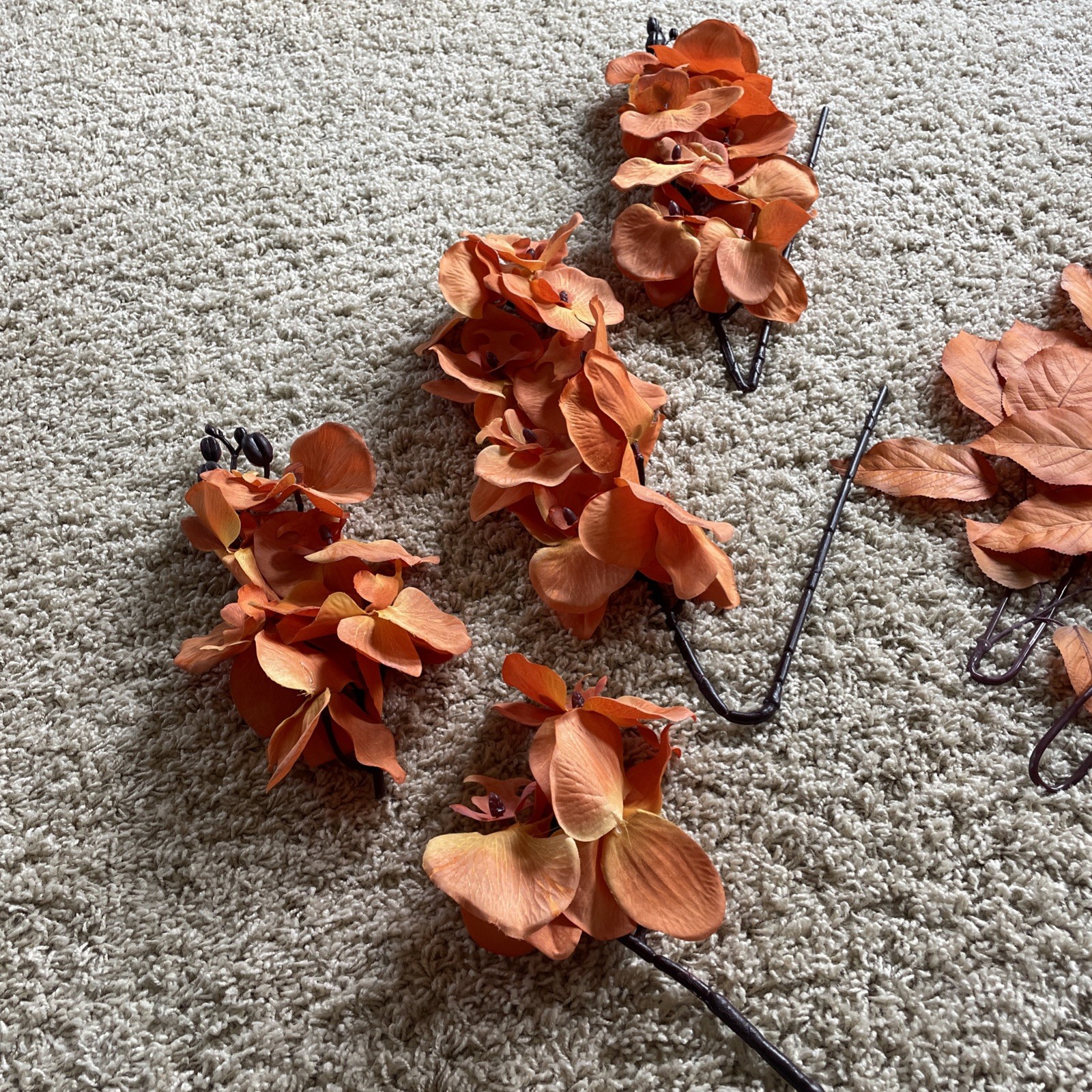 Artificial Silk Orchid Stems And Leaves – Orange