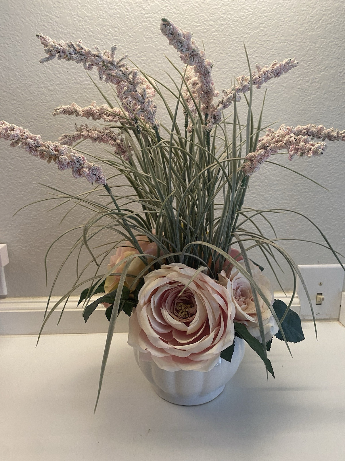 Floral Pink Green Bouquet White Ceramic Pot Vase Arrangement Centerpiece