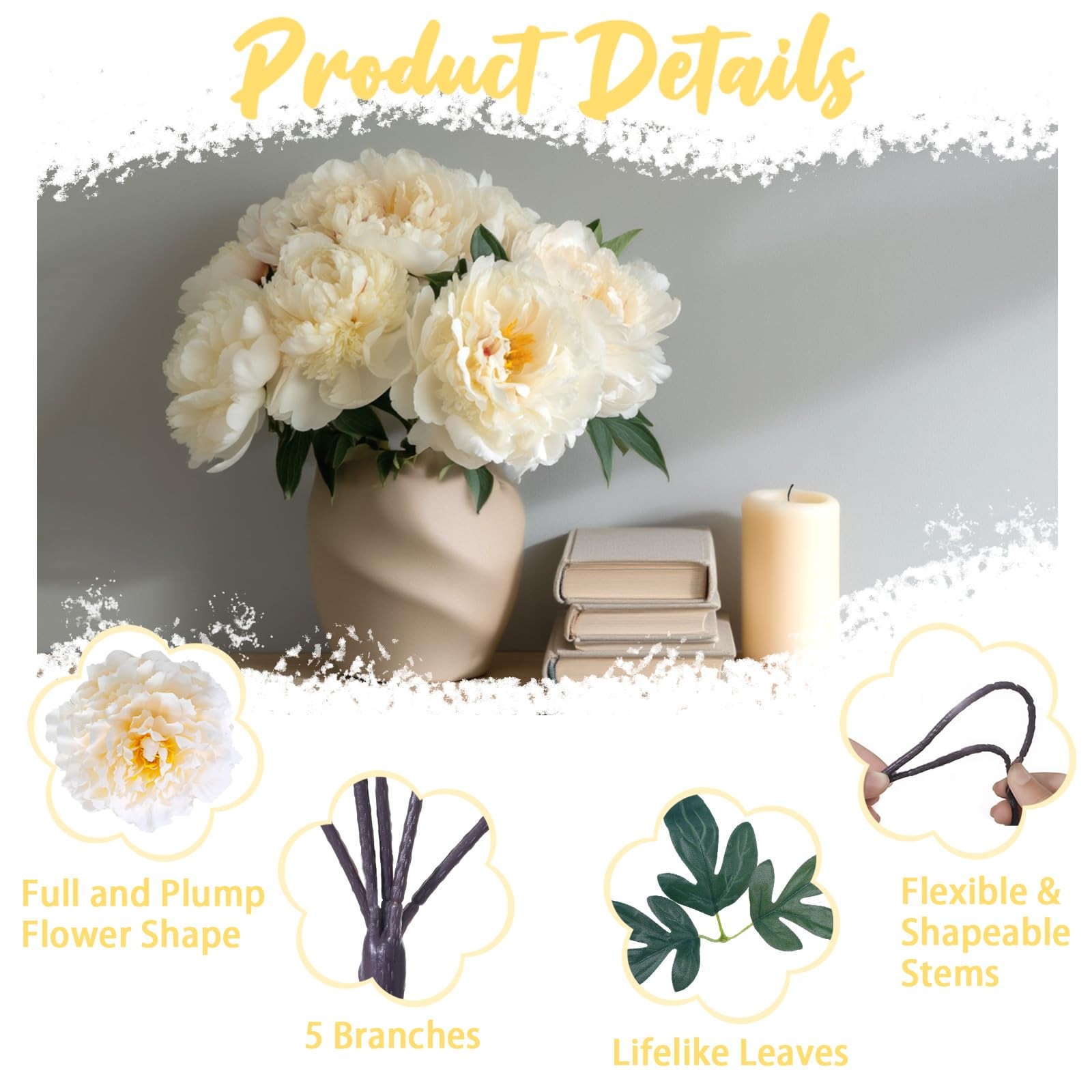 Light Champagne Premium Silk Artificial Peonies, 2 Bouquets (10 Large 5.12″ H…