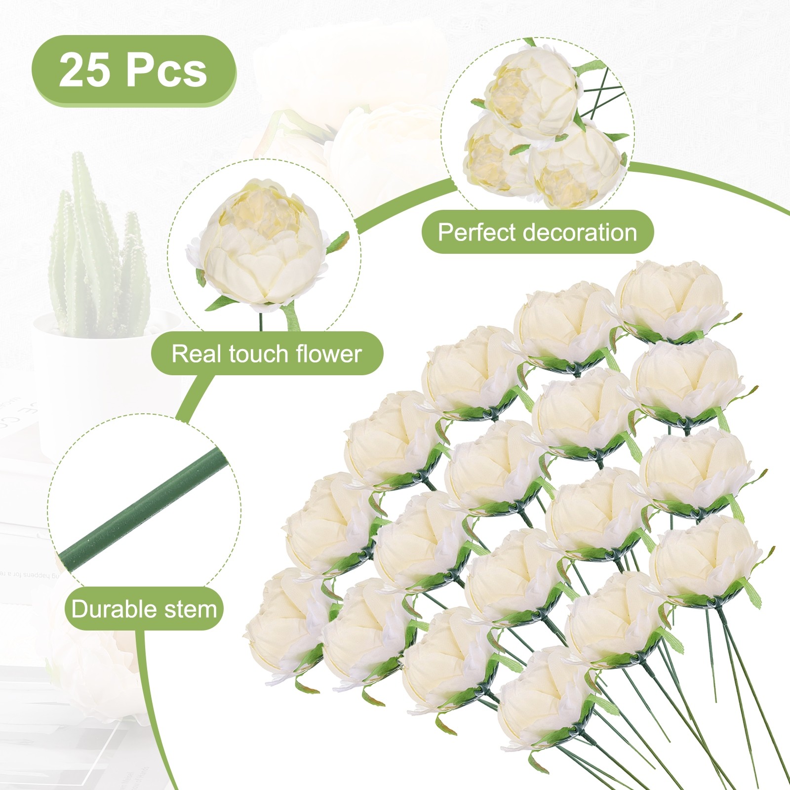 25Pcs Peonies Artificial Flowers Fake Silk Heads Faux Stems for DIY Beige