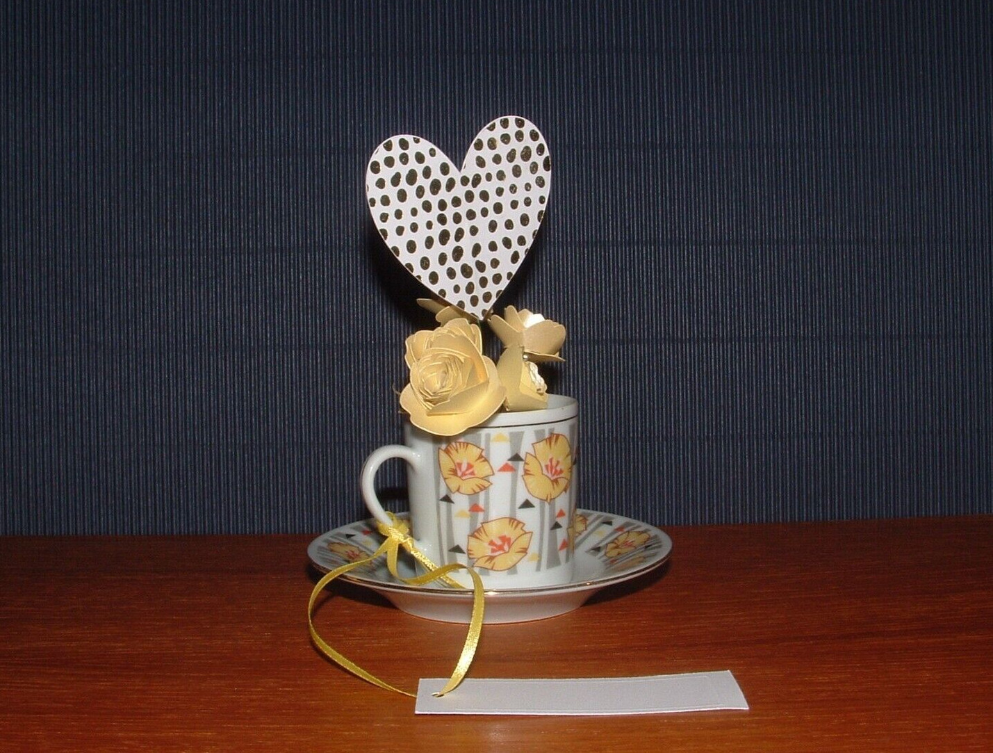 Paper Flower & Heart Handmade Bouquet, Small Teacup & Saucer Vase, With Gift Tag