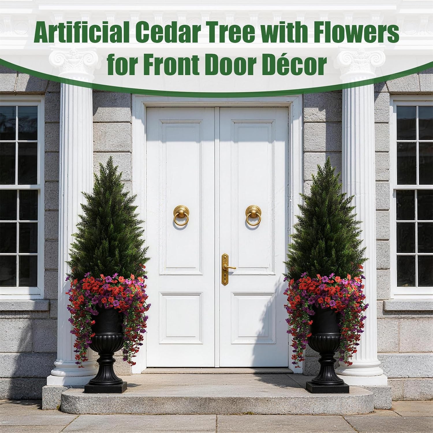 Artificial Topiary Cedar Trees 3FT Tall 2 Set with 12 Bundles Faux Silk Flowers