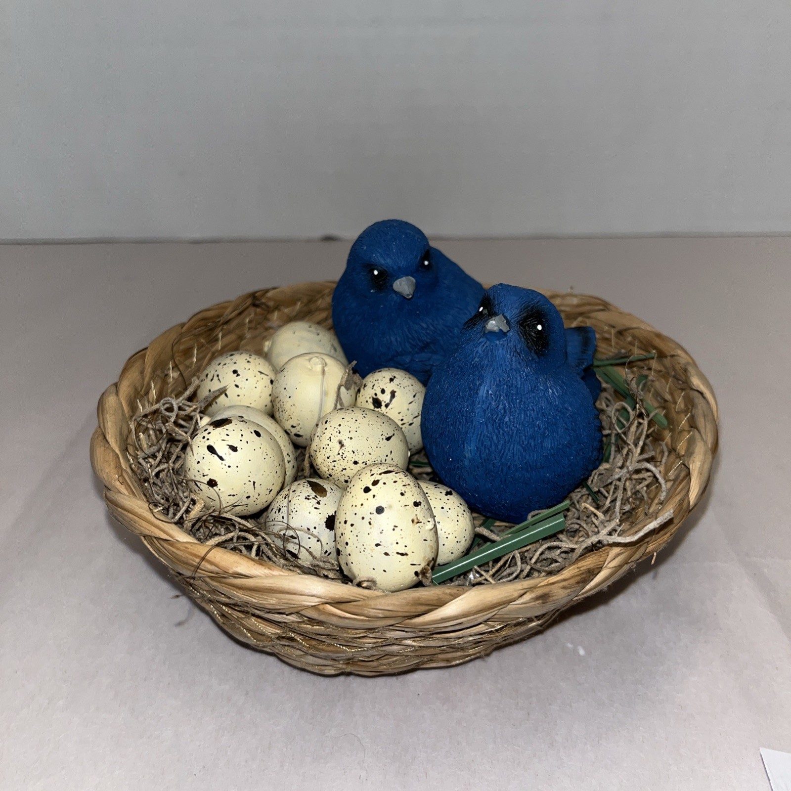 Vintage Decorative Bird Nest Basket W/Blue Birds & Speckled Eggs-Rustic Cottage