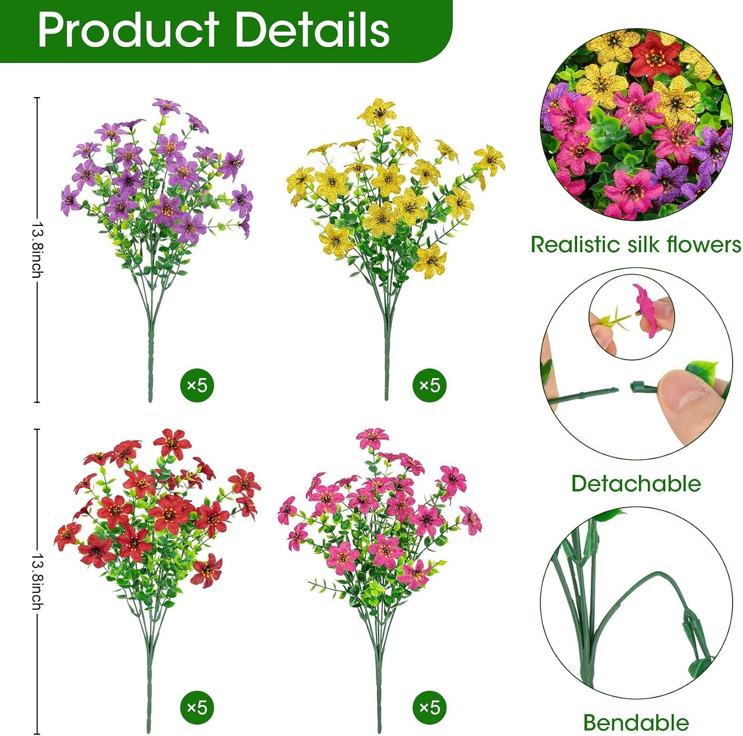 20 Bundles Artificial Flowers UV Resistant Silk Flowers Outdoor Indoor Decor
