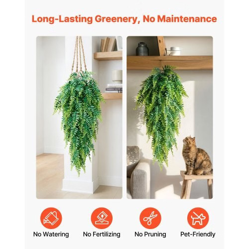 Artificial Ferns, 12 Pcs Fake Hanging Boston Fern Bush Plant with 32 Inch Hangin