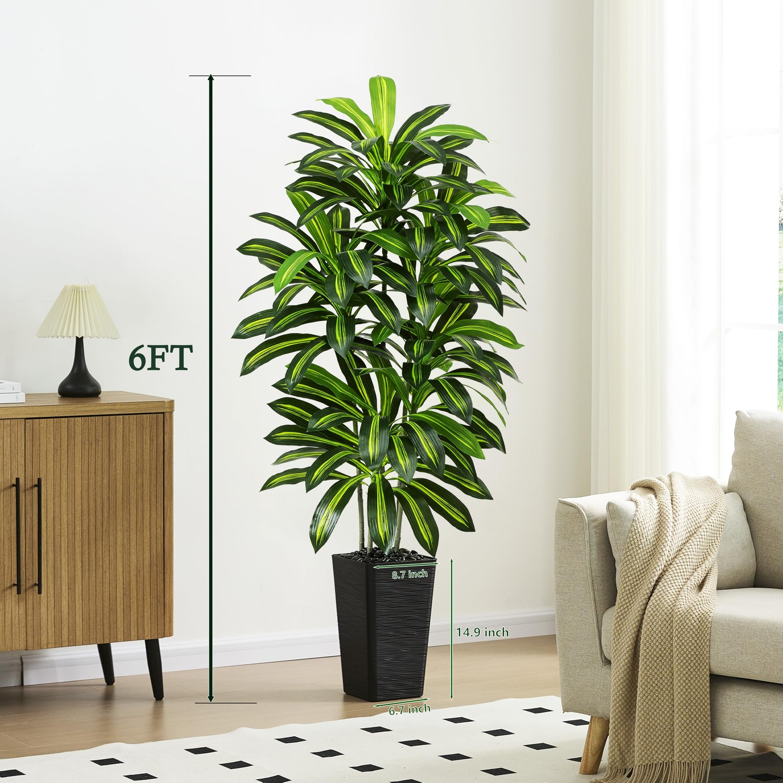 Artificial Dracaena Tree – 6FT Tall Fake Plants with Black Square Planter – A…