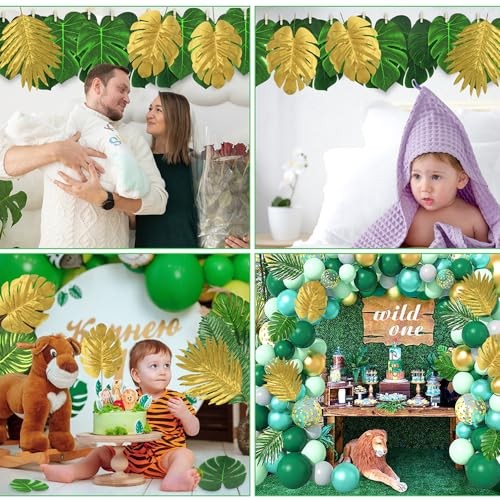 72 Pieces 10 Kinds Artificial Palm Leaves Golden Tropical Leaves with Stems