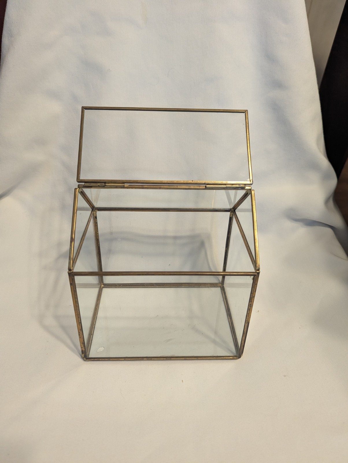 Small house shaped metal and glass terrarium