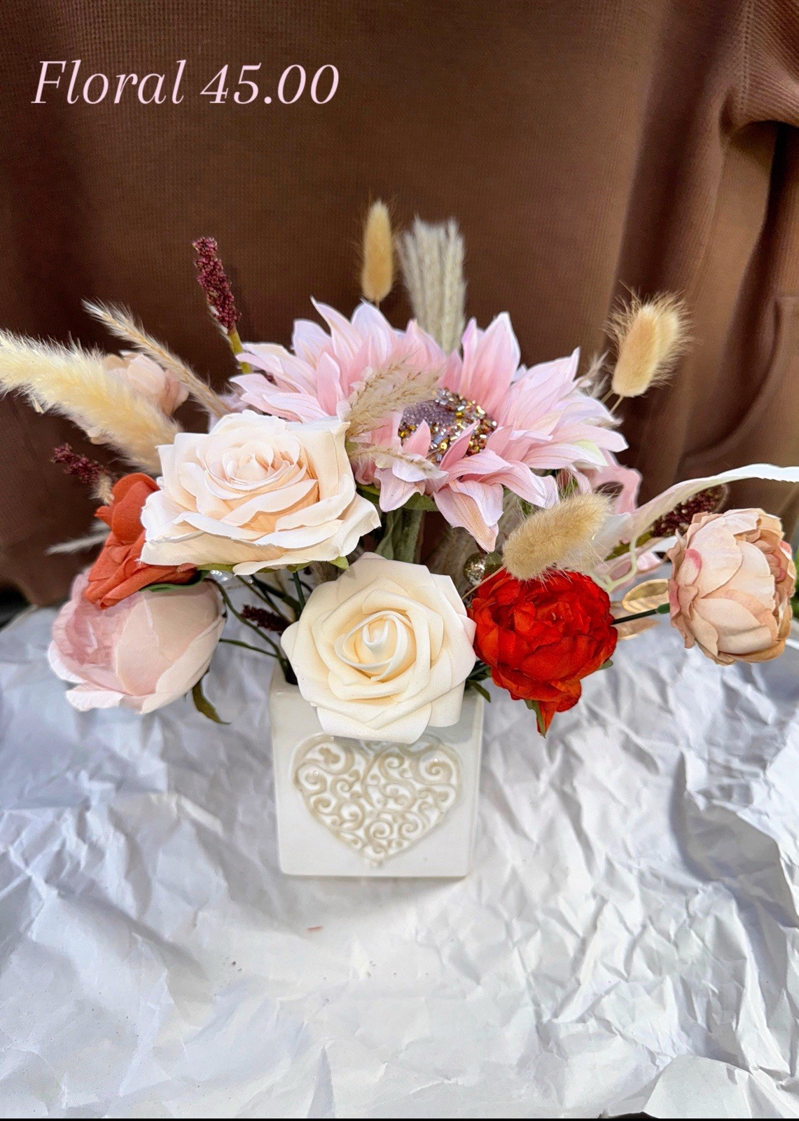 Sparkle Multicolor Rose & Daisy Centerpiece White ceramic square heart Container