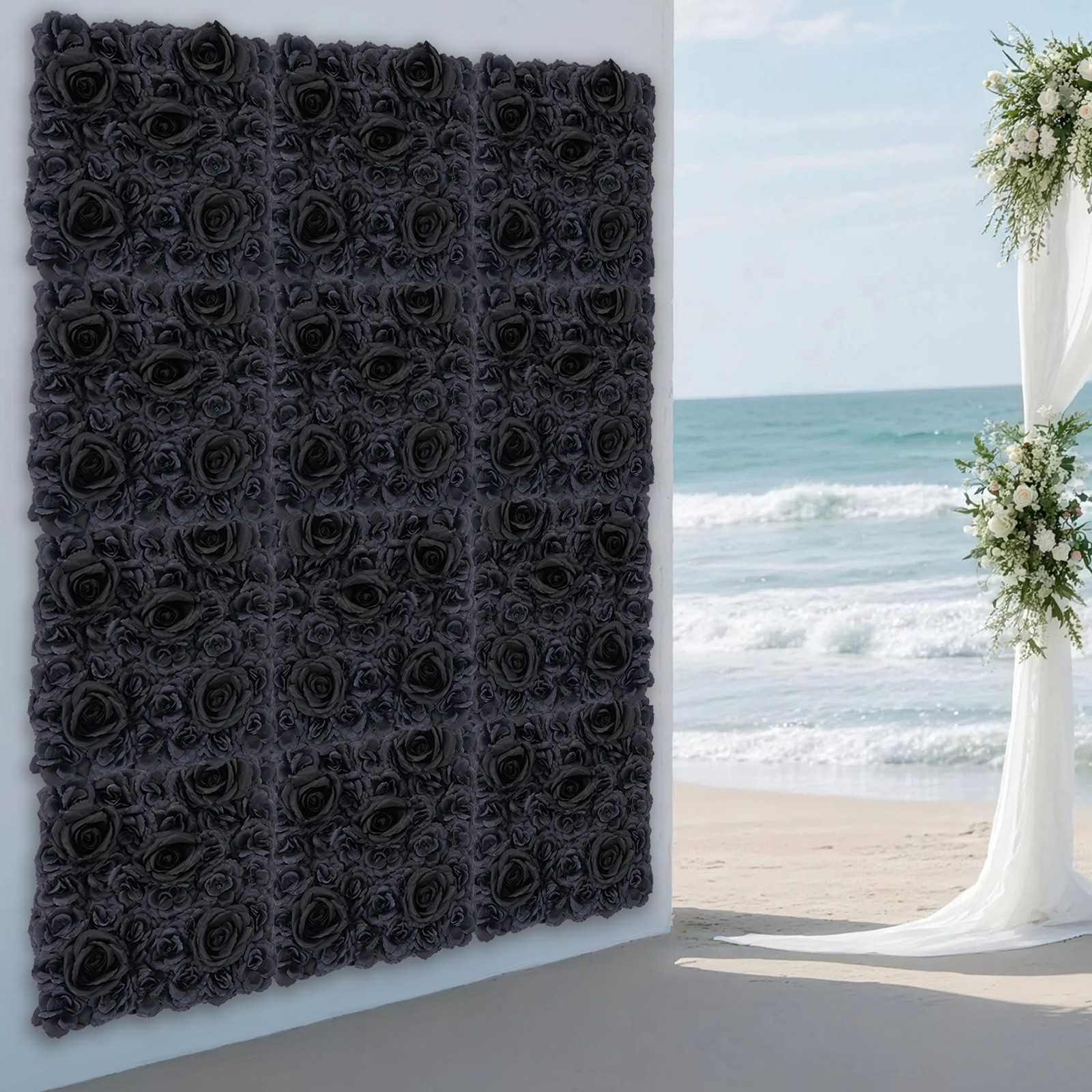 Gothic Style Black Rose Flower Wall Panels Artificial Floral Wedding Decor 12PCS