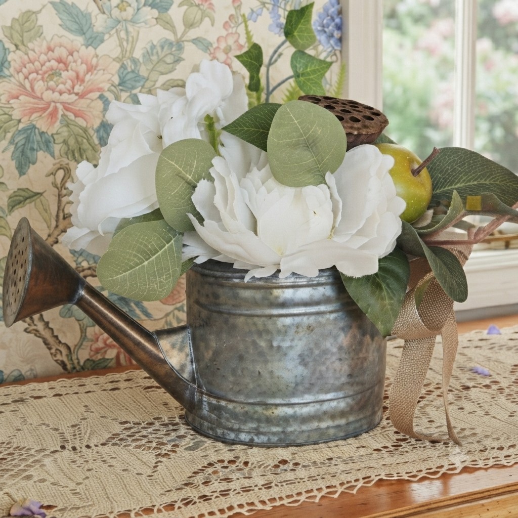 Floral Centerpiece, Vintage Metal Watering Can Cottagecore Faux Flowers