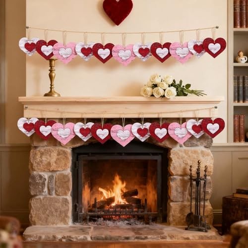 24 Pcs Valentines Day Tree Decorations 3D Vintage Red Pink White Wood Heart