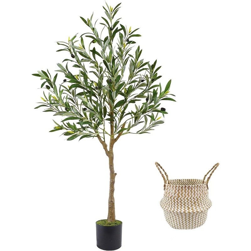 Artificial Olive Tree Faux Plant Indoor Outdoor Decor W/ Woven Basket Black Pot