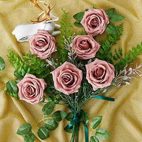 NEVISI Dusty Rose Artificial Flowers Fake Roses Silk Roses 16Pcs Real Looking