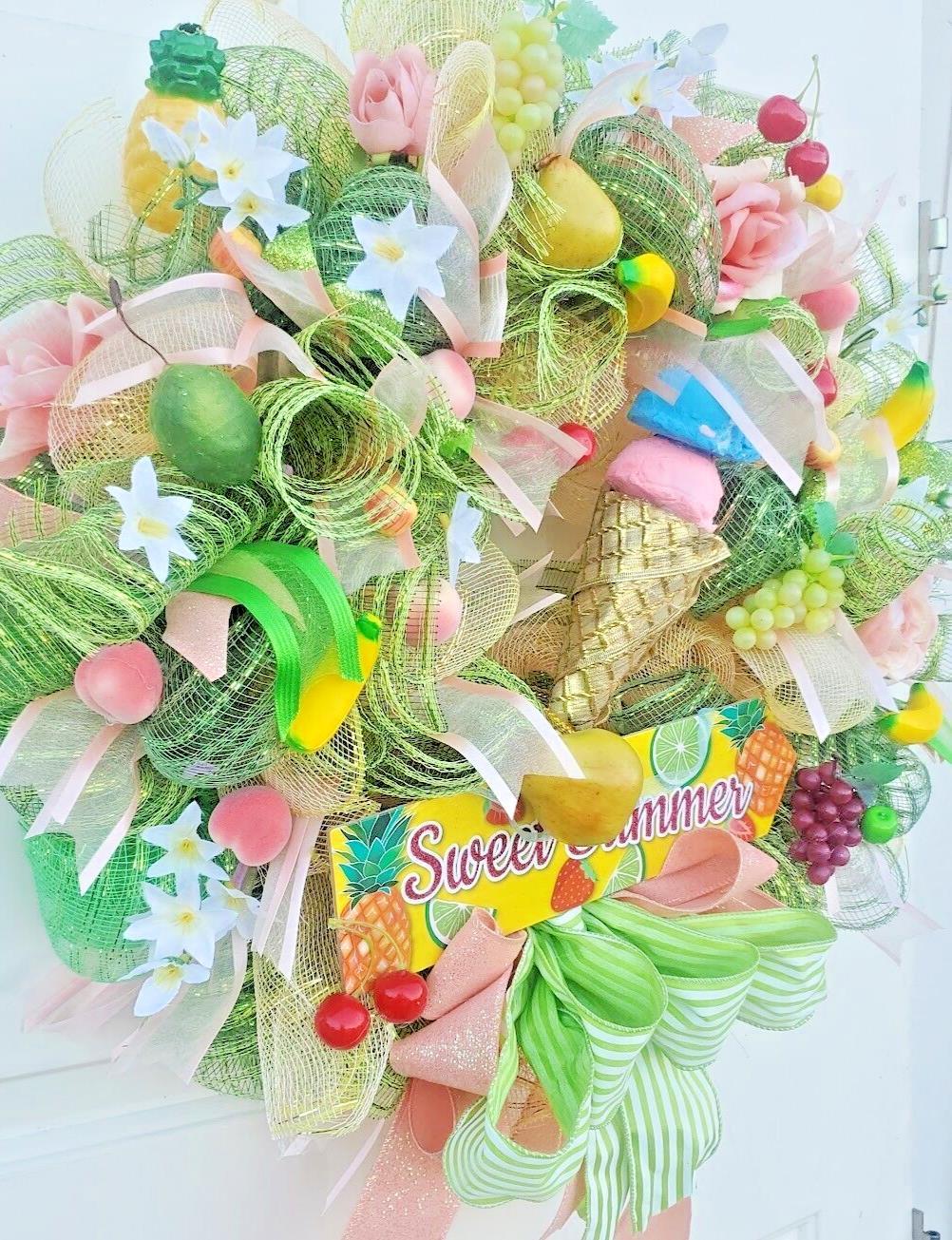 Summer Wreath Large 24″ Handmade Deco Mesh Front Door Ice Cream Cone Decoration