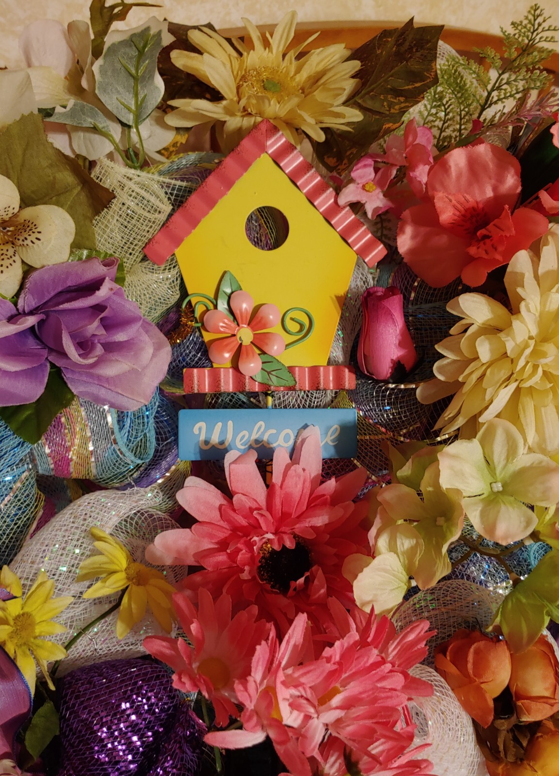 FREE Vibrant Colorful Floral Welcome Birdhouse Large 24″ Deco Mesh Wreath New