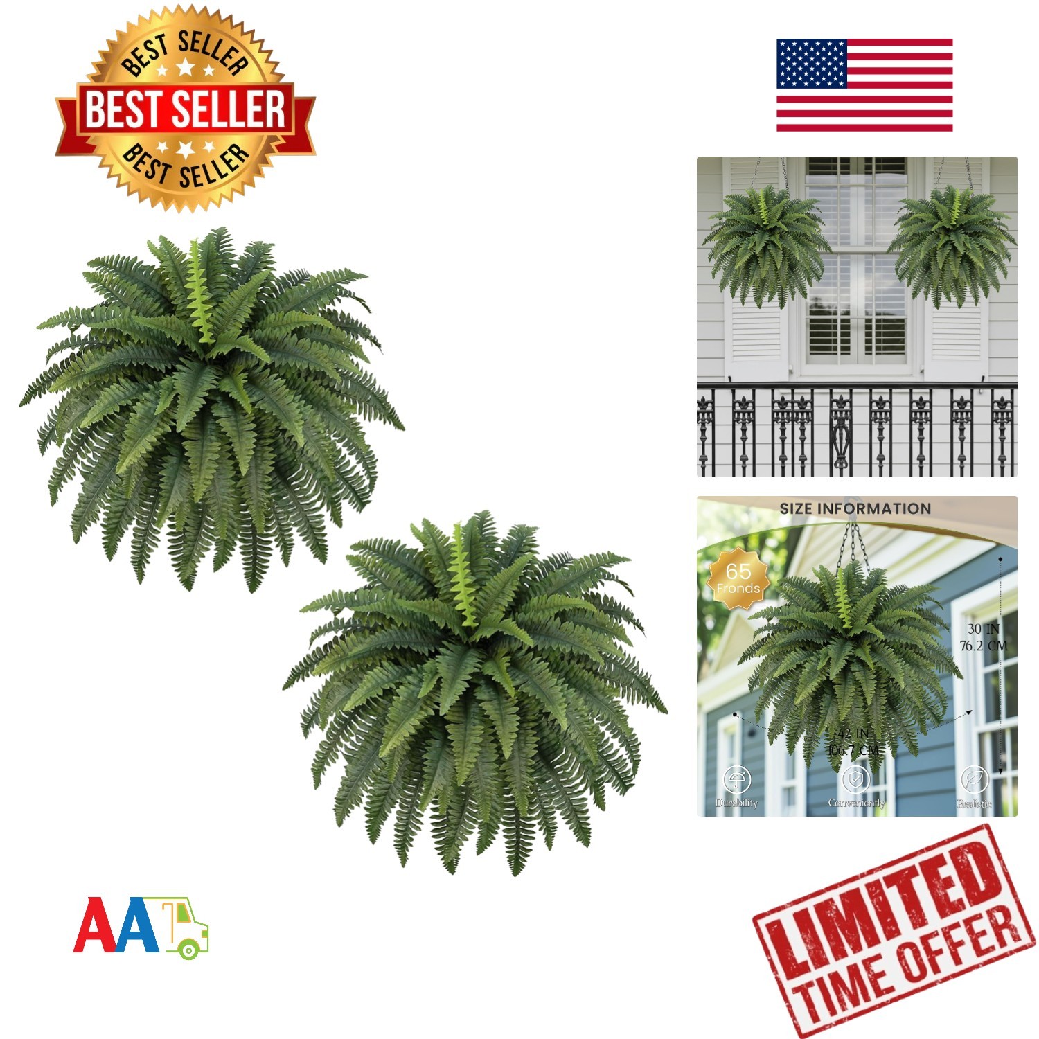 42” Artificial Boston Fern Sets of 2, UV-Resistant, Washable, Realistic
