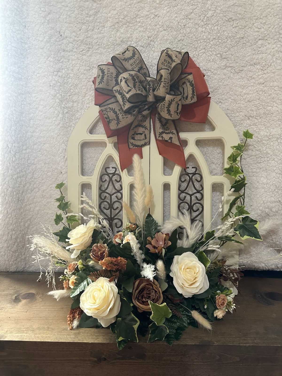Artificial Rose & Ivy Floral Arrangement Wall Decor, Cream Green Brown