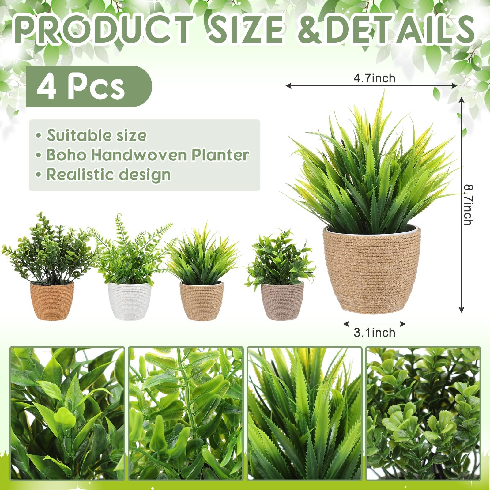 4 Pcs Boho Woven Artificial Plants, 8.7″ Small Faux Eucalyptus in Woven Plant…