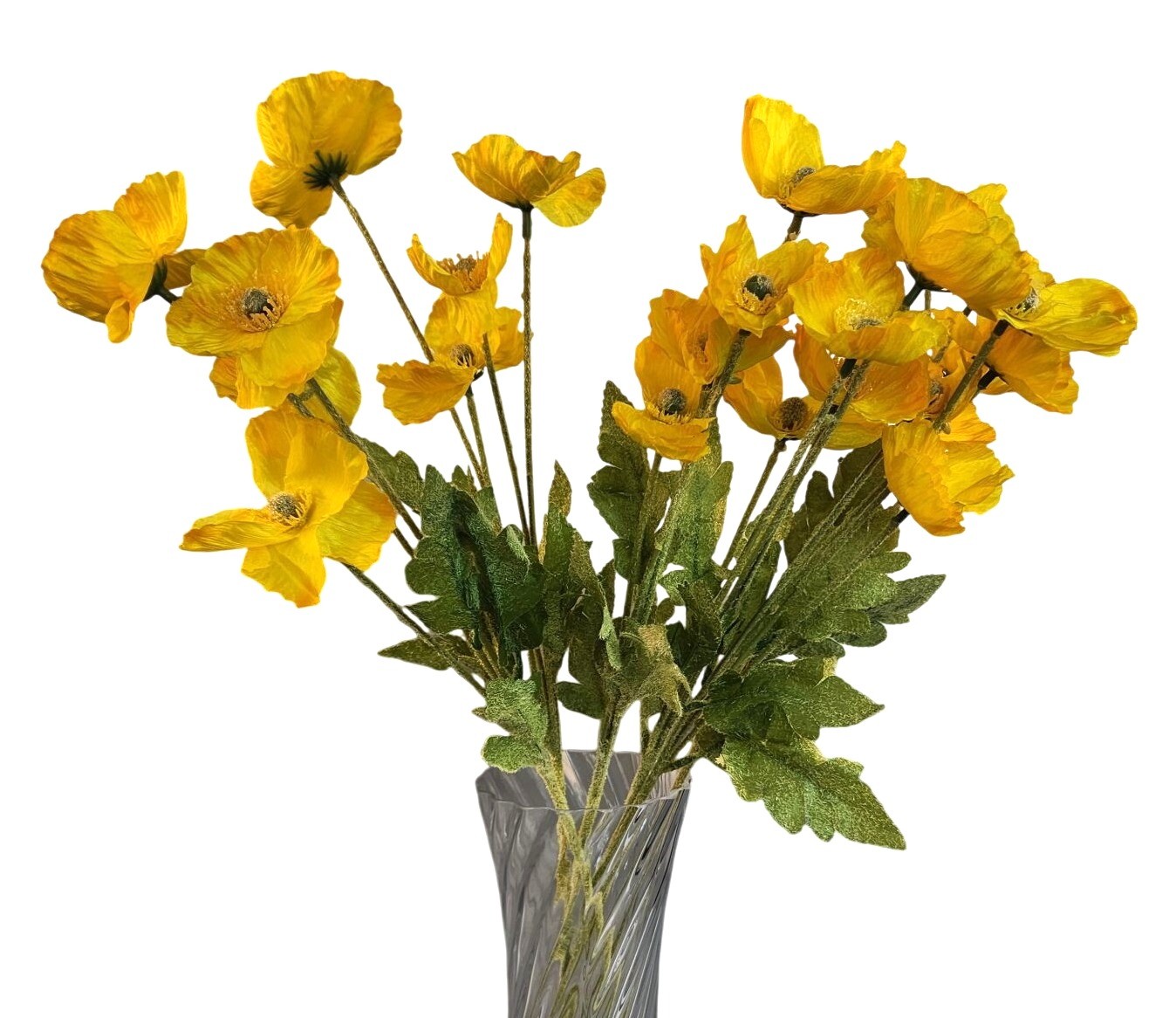 Yellow Artificial Poppy Flower Stems Silk & Plastic Foliage Single Stem Realisti