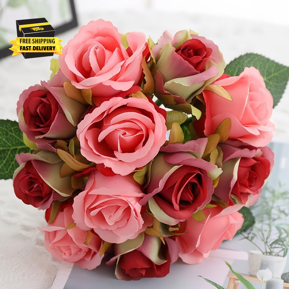 Artificial Roses Fake Flowers 12 Heads Arrangement Silk Bouquet for Home Office